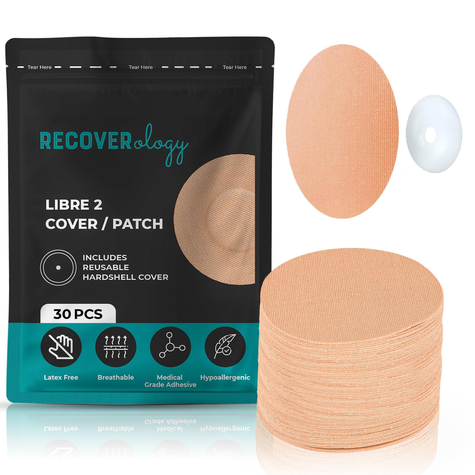 Freestyle Libre 2 Sensor Covers | Waterproof Adhesive Patches for CGM | Pack of 30 with 1 Reusable Hardshell Cover | Breathable & Sweatproof Suitable for Sensitive Skin | Tan Colour | Libra 2 Covers