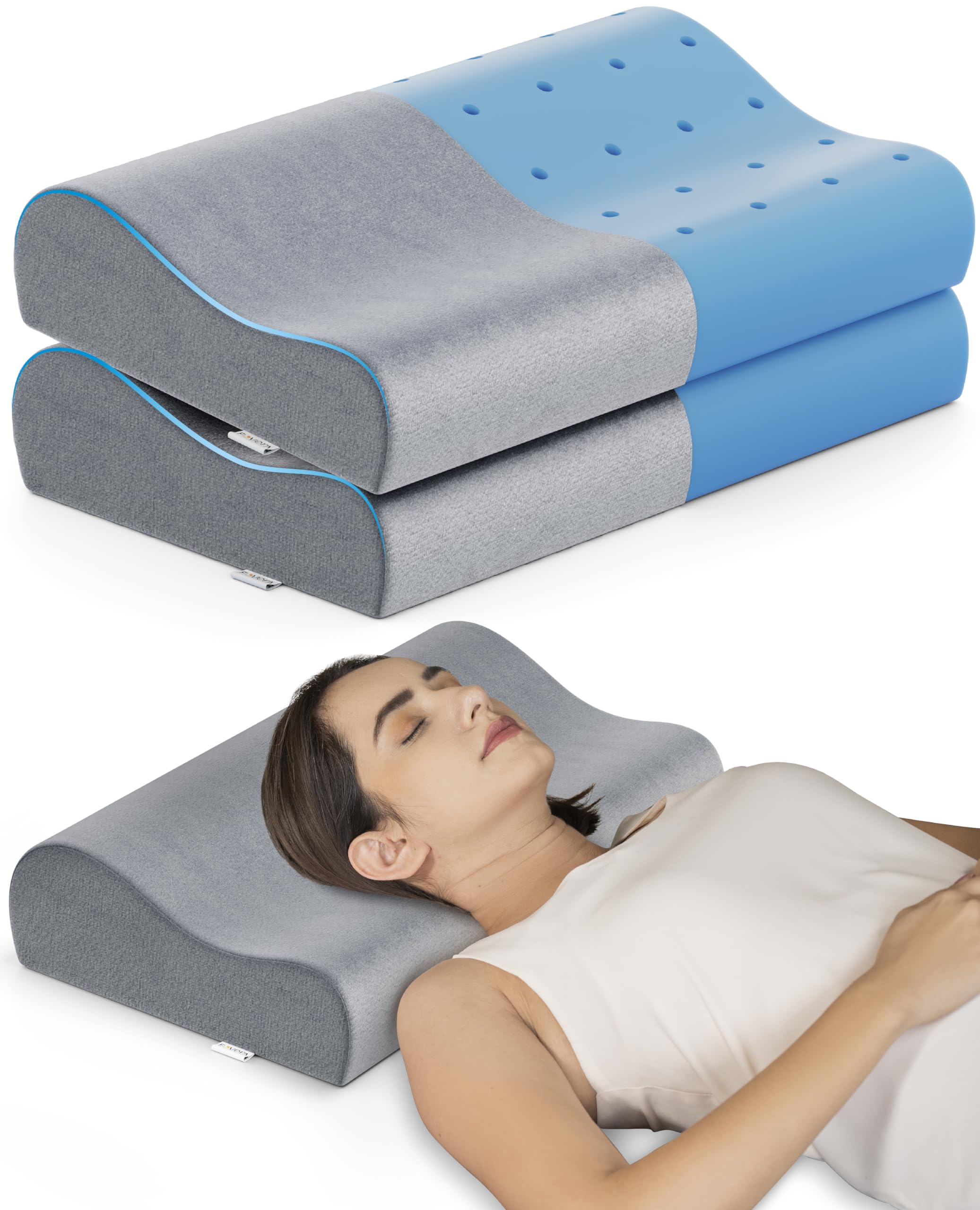FOVERA Cervical Pillow | 2 Years Warranty | Cool Gel Memory Foam Orthopedic Neck Support Pillow for Sleeping, Neck & Shoulder Pain (Queen - 21 x 13 x 4 Inch, Grey Velvet Cover, Pack of 2)