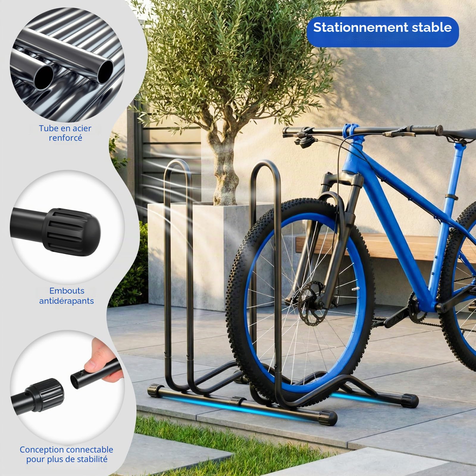 TLGREEN 3x Support vélo sol 24-28 pouces,jusqu'à 75mm,Noir | Support de vélo pour roue arrière avec design élargi, charge max. 25 kg, adapté aux VTT,vélos de route et vélos de randonnée