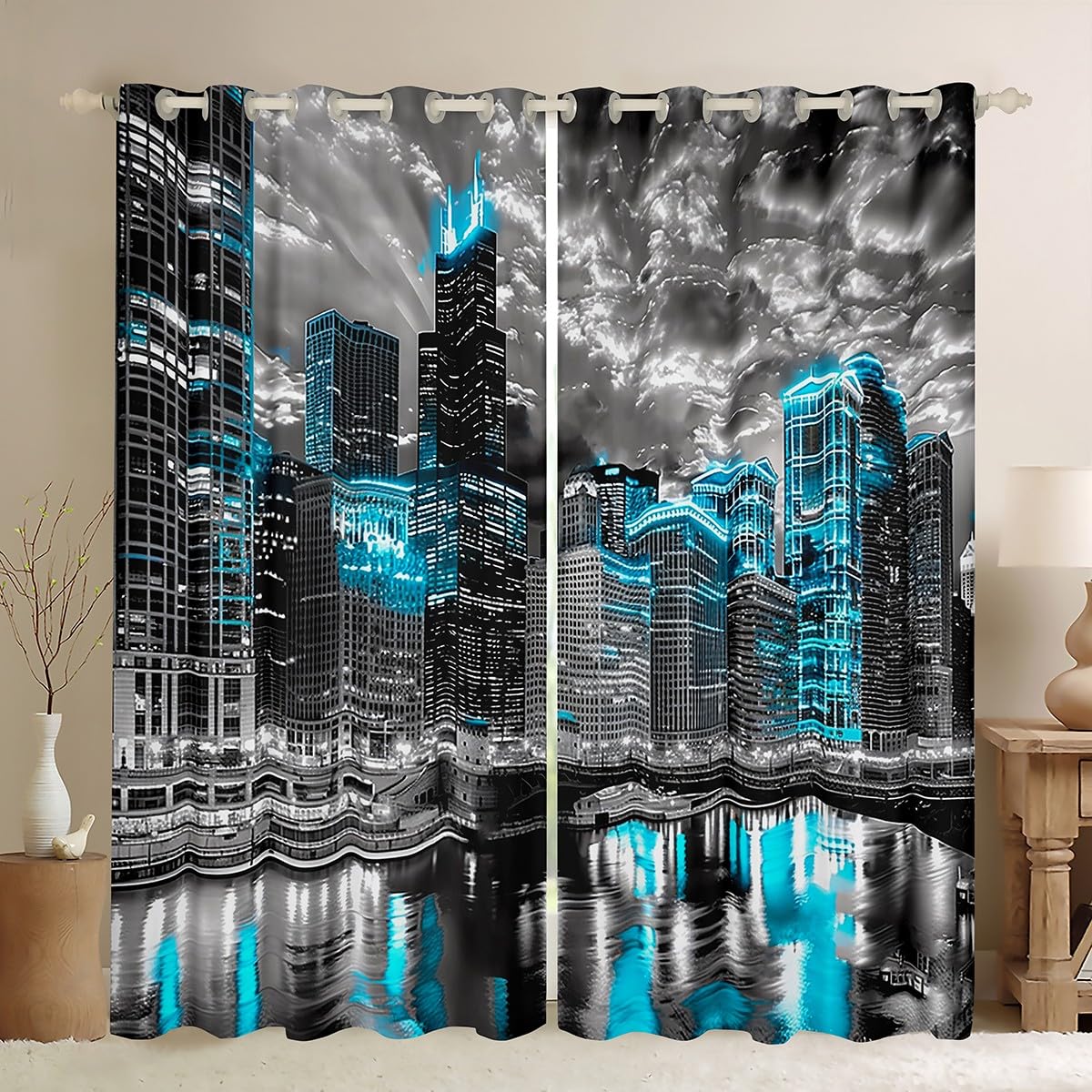 Homemissing Manhattan Night View Kids Darkening Drapes Bedroom New York 30%-50% Blackout Curtains Boys Girls Cityscape Window Curtains Modern Living Room Window Treatments (2 Panels,W46*L54)