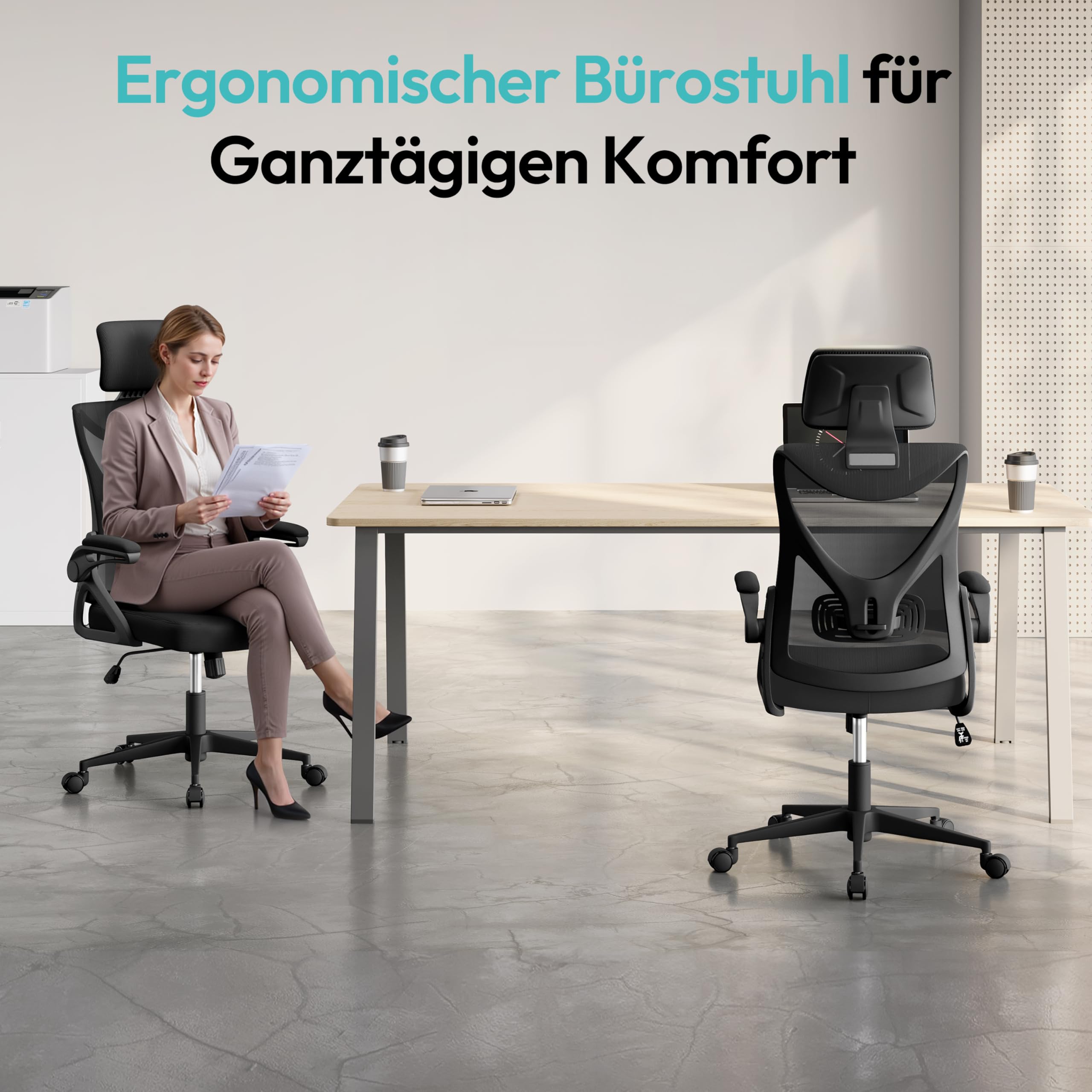 Yaheetech Bürostuhl Ergonomisch, Schreibtischstuhl mit Hochklappbaren Armlehnen, Drehstuhl mit Rückenlehne und Verstellbarer Kopfstütze, Chefsessel Wippfunktion, bis 150 kg Belastbar Schwarz
