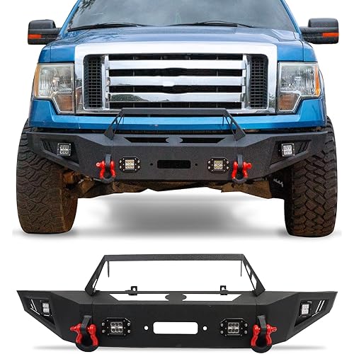 Front Bumper Fit for Ford 2009-2014 F150 (Excluding Raptor) Off Road Steel Bumper with Winch Plate & LED Lights & D-rings