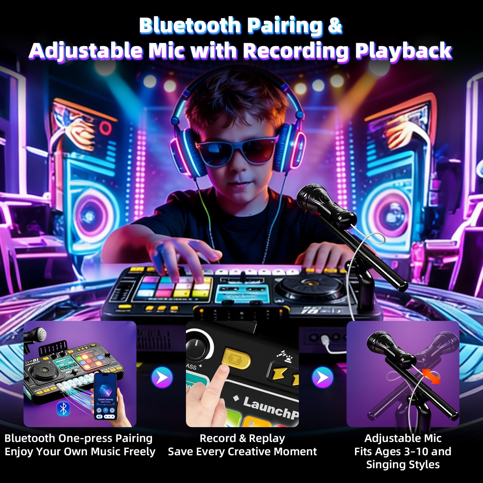 DJ Pult Kinder, Multifunktionales DJ Controller, Mischpult Kinder Musikinstrumente, mit Bluetooth, Mikrofon, Licht mit Farbverlauf, USB-Aufladung, Geeignet für 3-10 Jahren Mädchen Junge