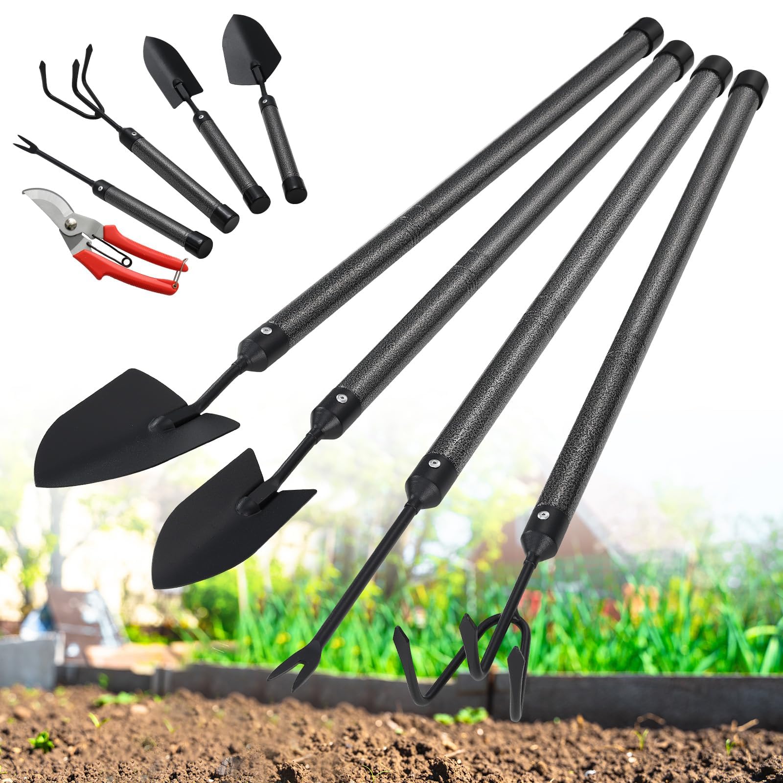 Kit Jardinage 5 Pièces En Acier Inoxydable - Truelle, Cultivateur, Cisaille - Manches Extensibles 30"