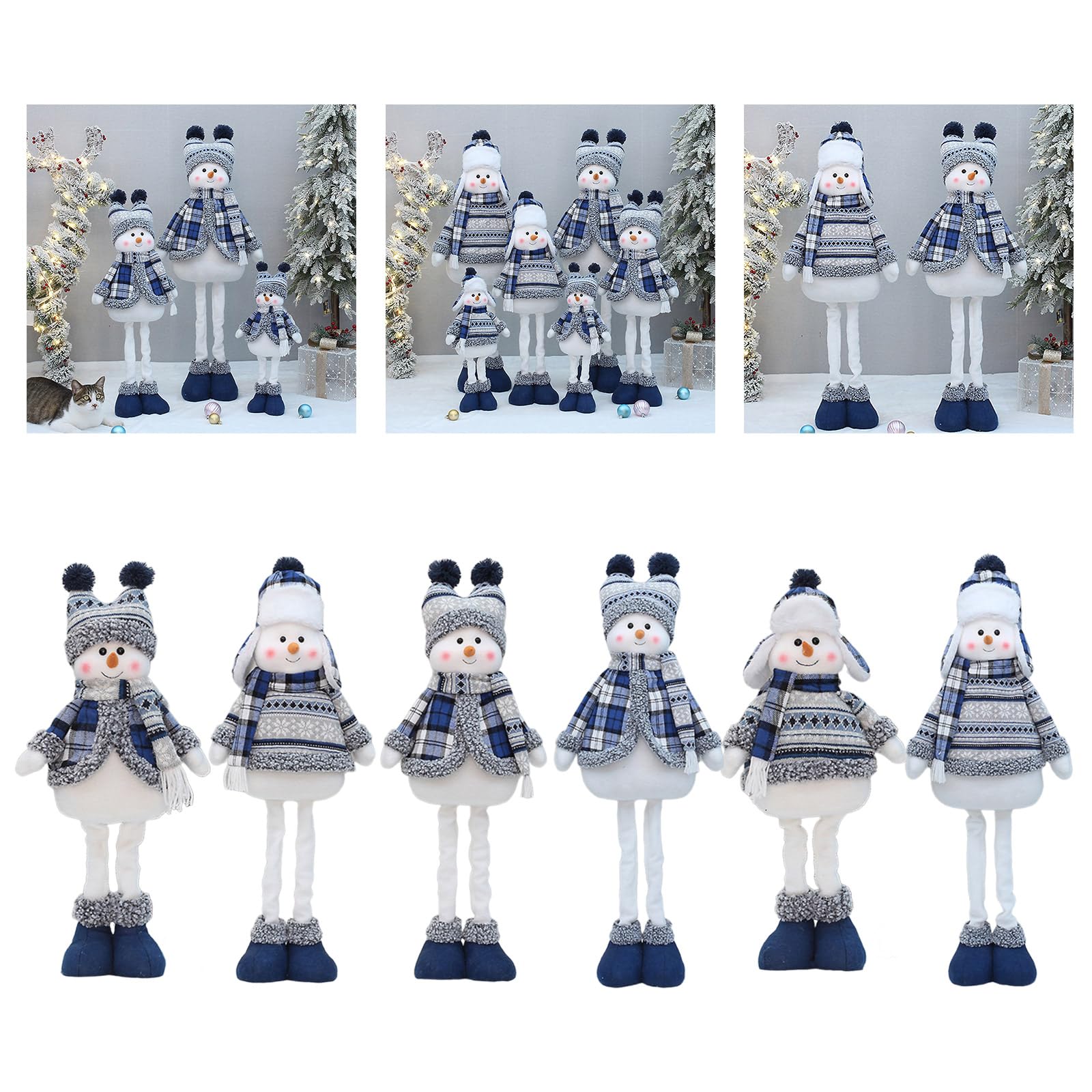 Bonhomme de neige bleu décoration de Noël portant un chapeau chaud et une écharpe en tissu peluche télescopique figurine de bonhomme de neige debout poupée décoration bureau