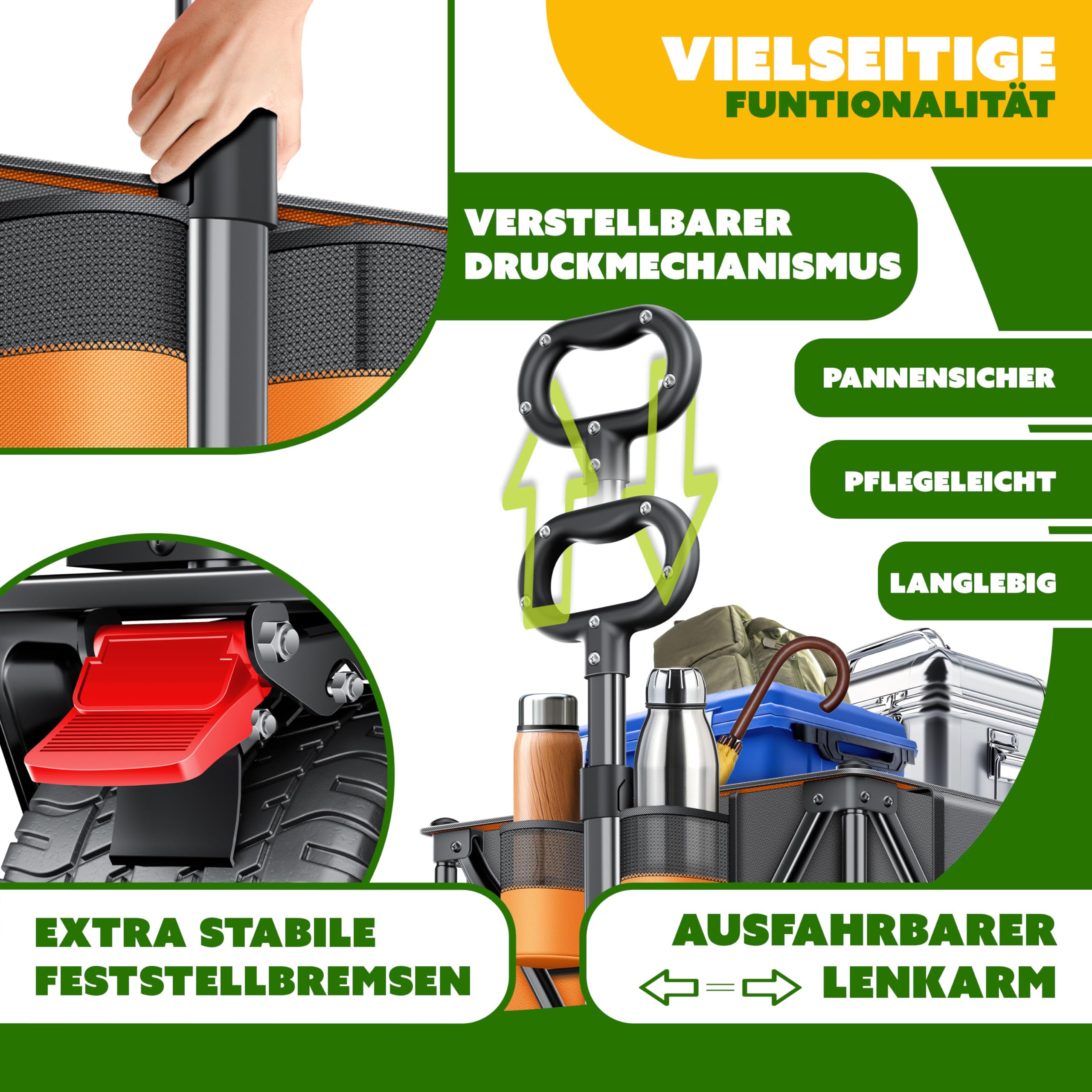 KESSER® Bollerwagen GTR9000 Handwagen 200Kg | 300L Stauraum Transportwagen faltbar extra breite 360° Räder & Feststell-Bremsen Wetterbeständig Strandwagen inkl Abdeckung Seitentasche & Getränkehalter