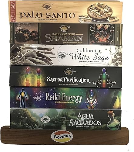 Govinda Paquete de soporte para varillas de incienso con 6 paquetes de varillas de incienso Masala de 0.53 oz, colección Purification