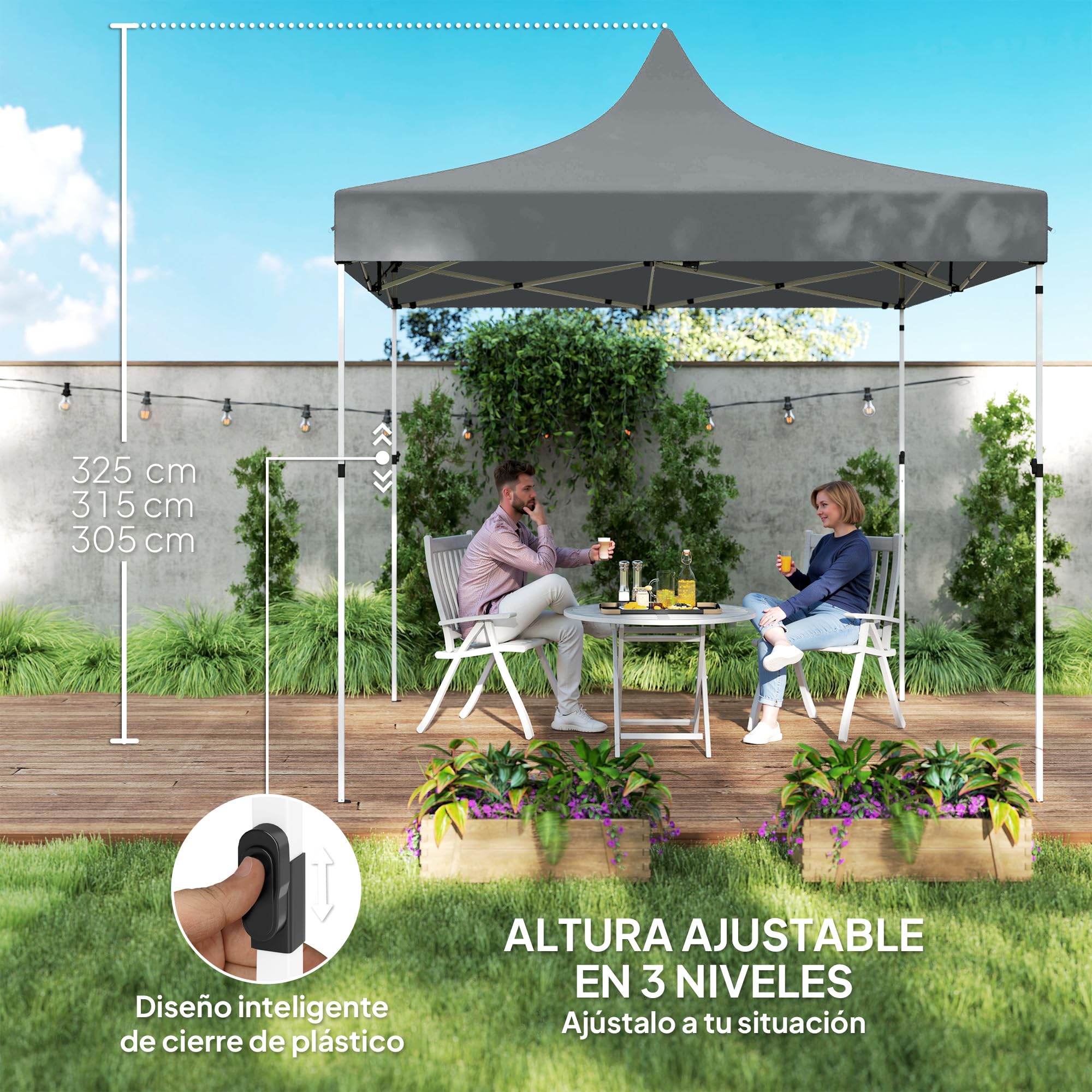 Outsunny Carpa Plegable Pop-up Gazebo 3x3 m Cenador Plegable con 4 Paredes Laterales Anti-UV Altura Ajustable Marco Metálico Robusta y Bolsa de Transporte para Camping Fiestas Gris