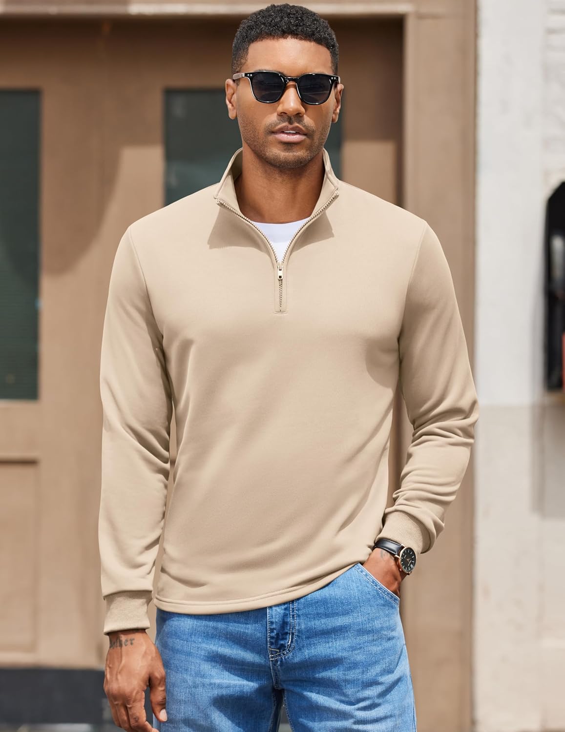 COOFANDY Men's Quarter Zip Pullover Sweatshirt Mock Neck Quilted Sweatshirt Lightweight Casual Long Sleeve Polo Shirt - Image 2