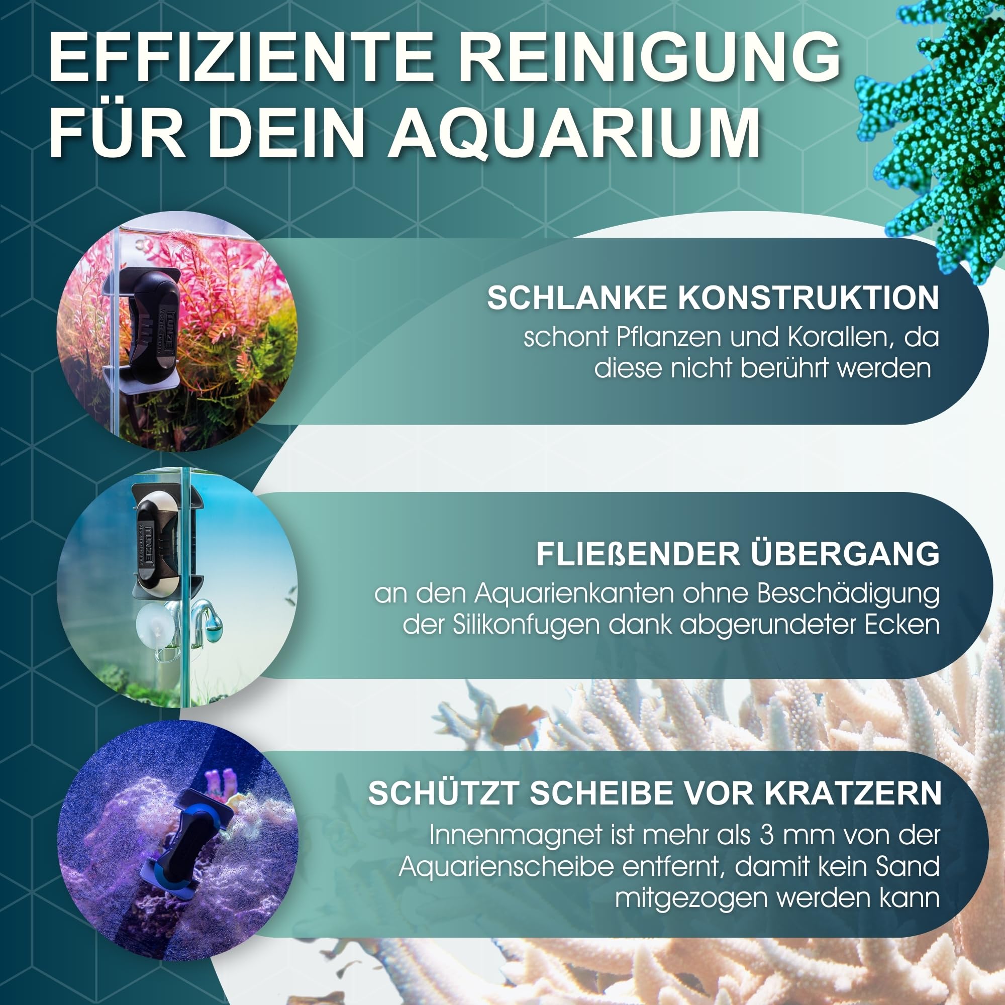 TUNZE Care Magnet Nano I Aquarienreiniger für 6-10mm Glasstärke I schlanker Scheibenreiniger mit abgerundeten Kunststoffklingen I Algenmagnet mit stark minimierter Kratzgefahr I Aquariumglas-Reiniger
