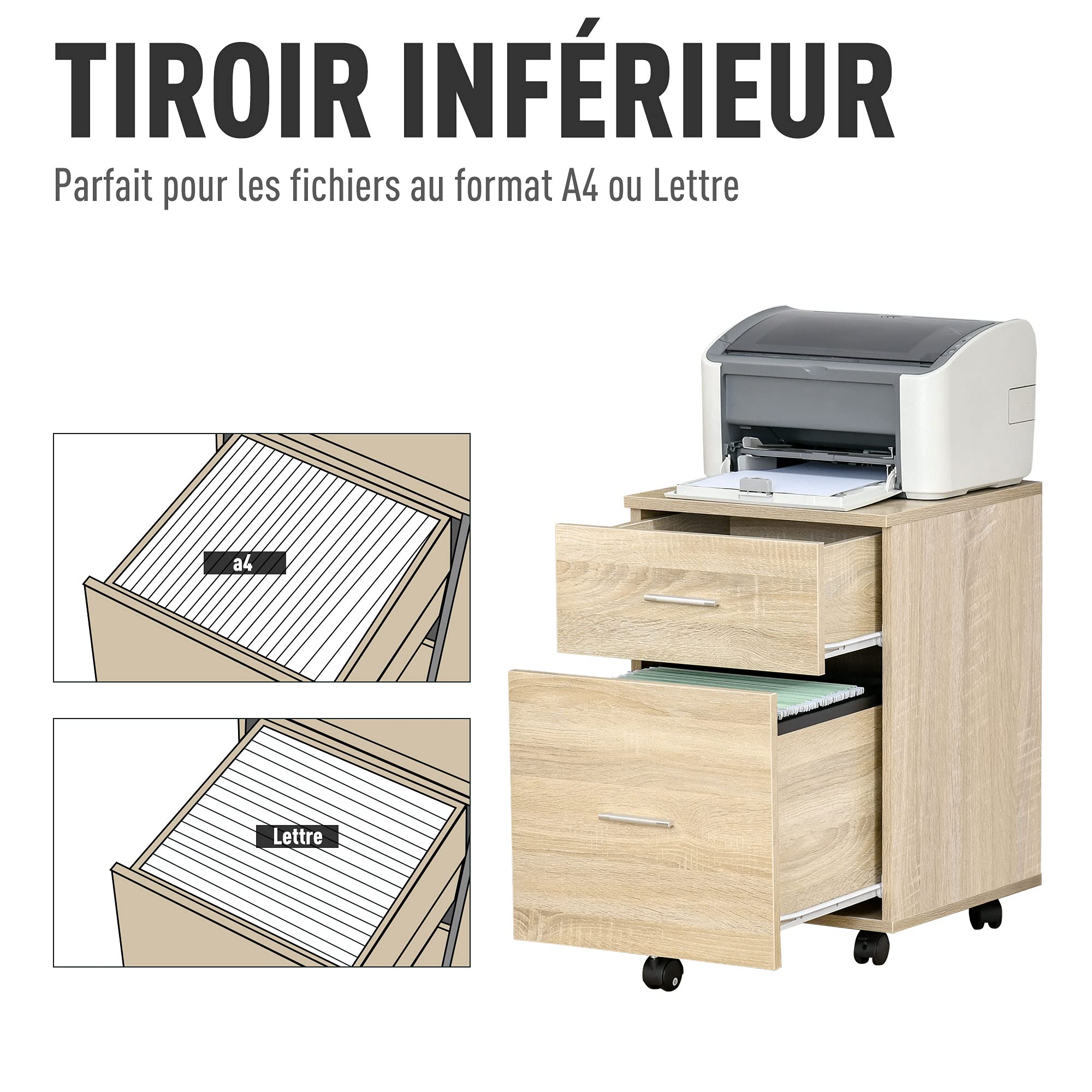 HOMCOM Caisson de Bureau 2 Tiroirs 5 roulettes 39,5 x 39 x 58,5 cm Chêne | Caisson de Rangement Mobile, en Panneau de Particules