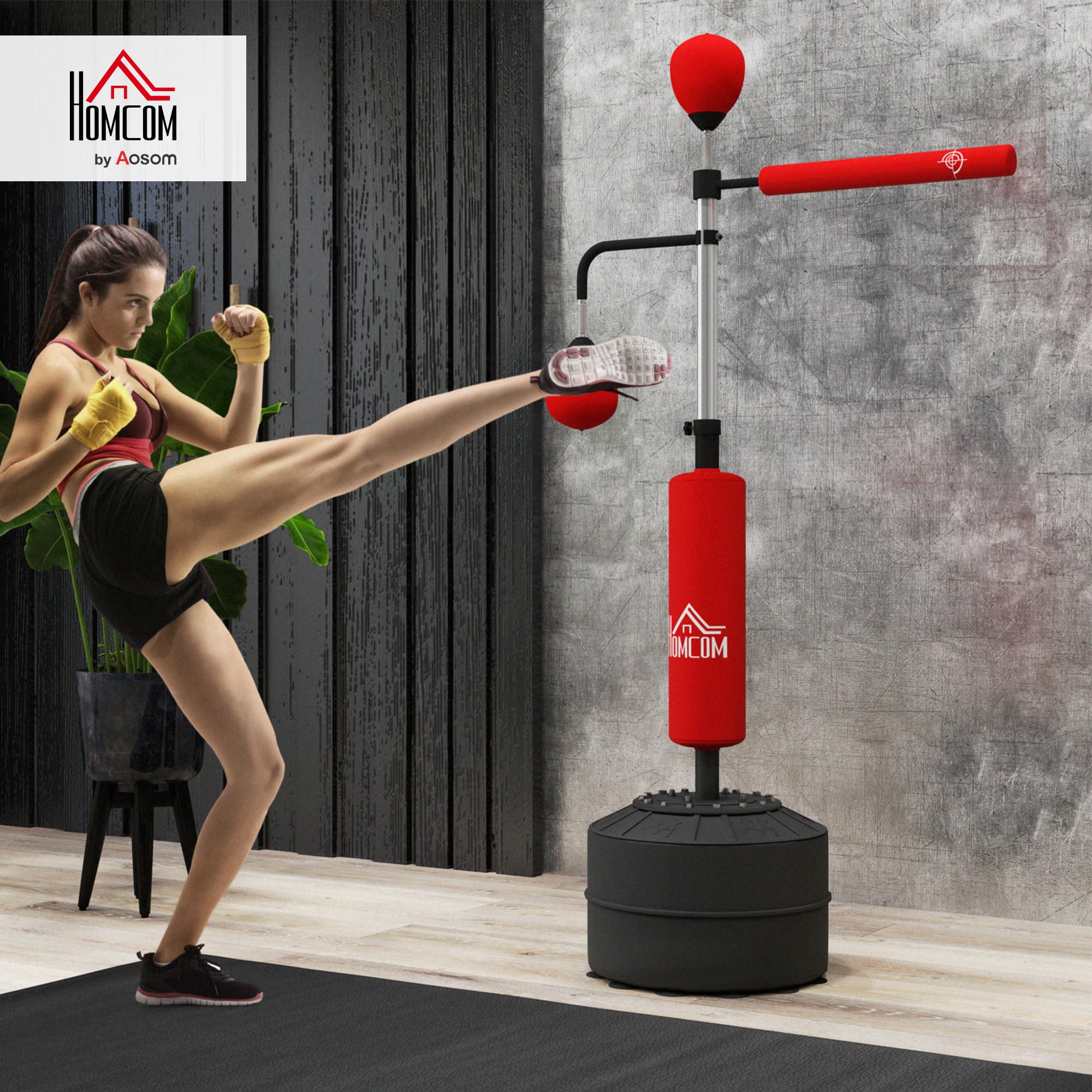 HOMCOM Saco de Boxeo de Pie 160-230 cm 360° Barra Giratoria 2 Bolas de Velocidad Base Rellenable Punching Ball Adultos Niños MMA Muay Thai