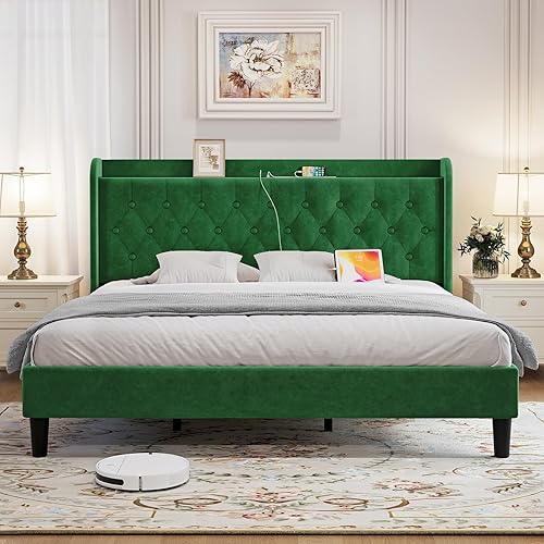 Marco de cama King de terciopelo, marco de cama tapizado ajustable con puertos tipo C y USB, cabecera de almacenamiento con respaldo de ala, soporte