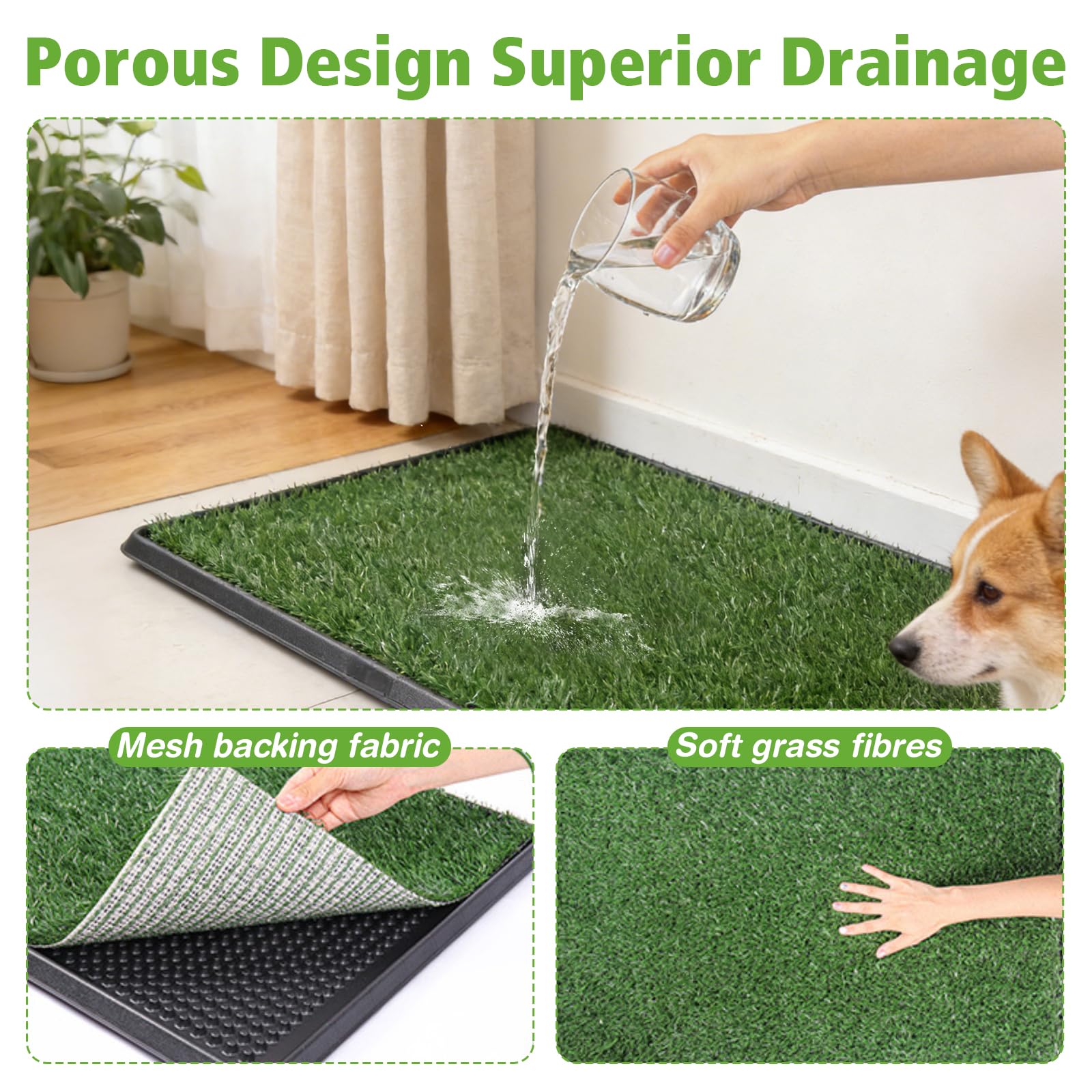Toilettes pour chien en gazon artificiel, 40,6 x 50,8 cm, réutilisables avec plateau pour apprentissage de la propreté, tapis d'herbe pour petits chiens, utilisation en intérieur et en extérieur