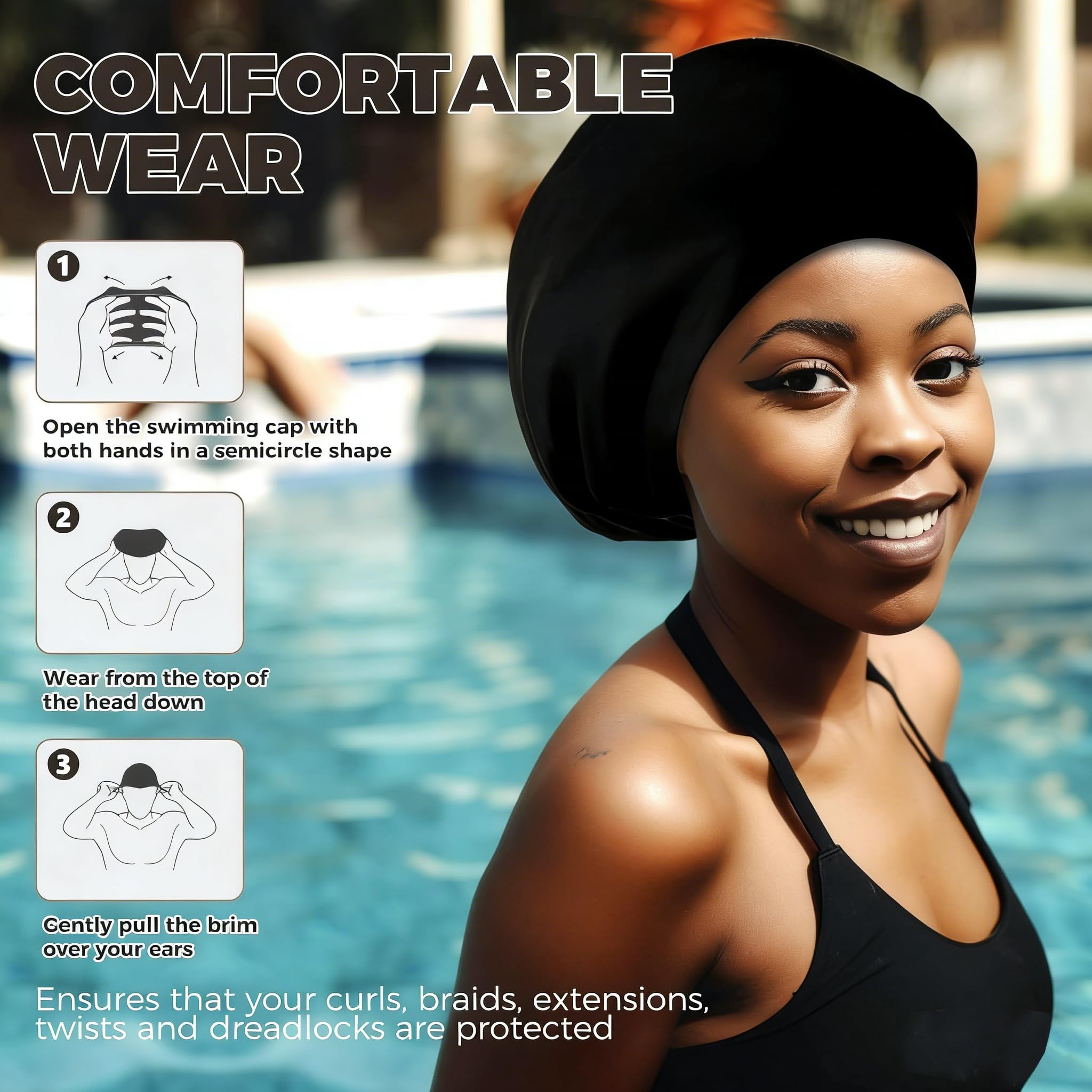 Bonnet de bain extra large pour cheveux longs, tissages, dreadlocks, extensions de cheveux, tresses, boucles et afros – Bonnet de bain en silicone pour homme et femme, garde les cheveux au sec
