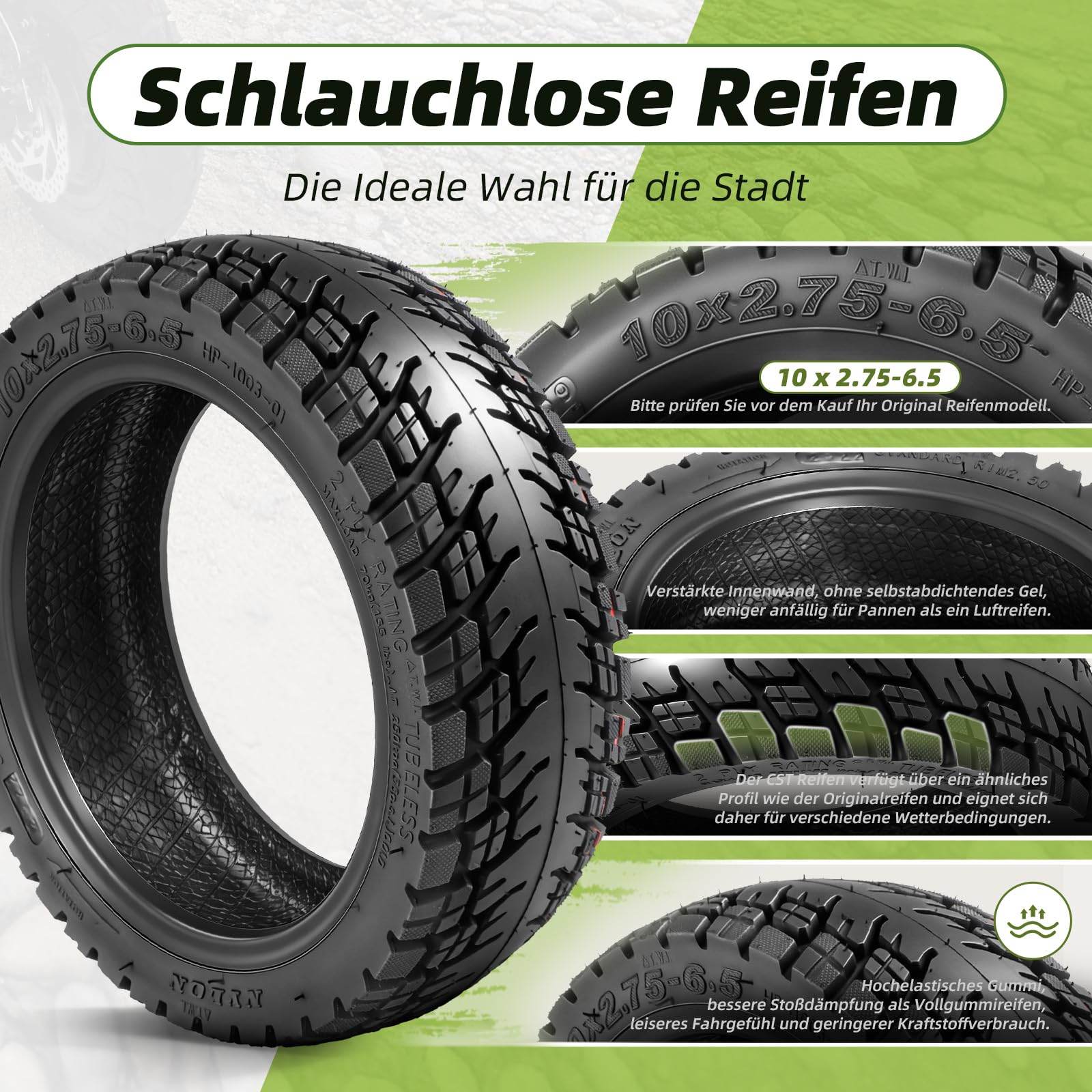 10 x 2,75-6,5 Tubeless Reifen für Kukirin G2/G3/M4 Max/A1 Roller (2 Stück) | Off-Road Vakuum Reifen, 10 Zoll, Mit Gebogener Düse, für Kukirin G2 Master 2025 / G2 Ultra / Urban Glide E-Cross
