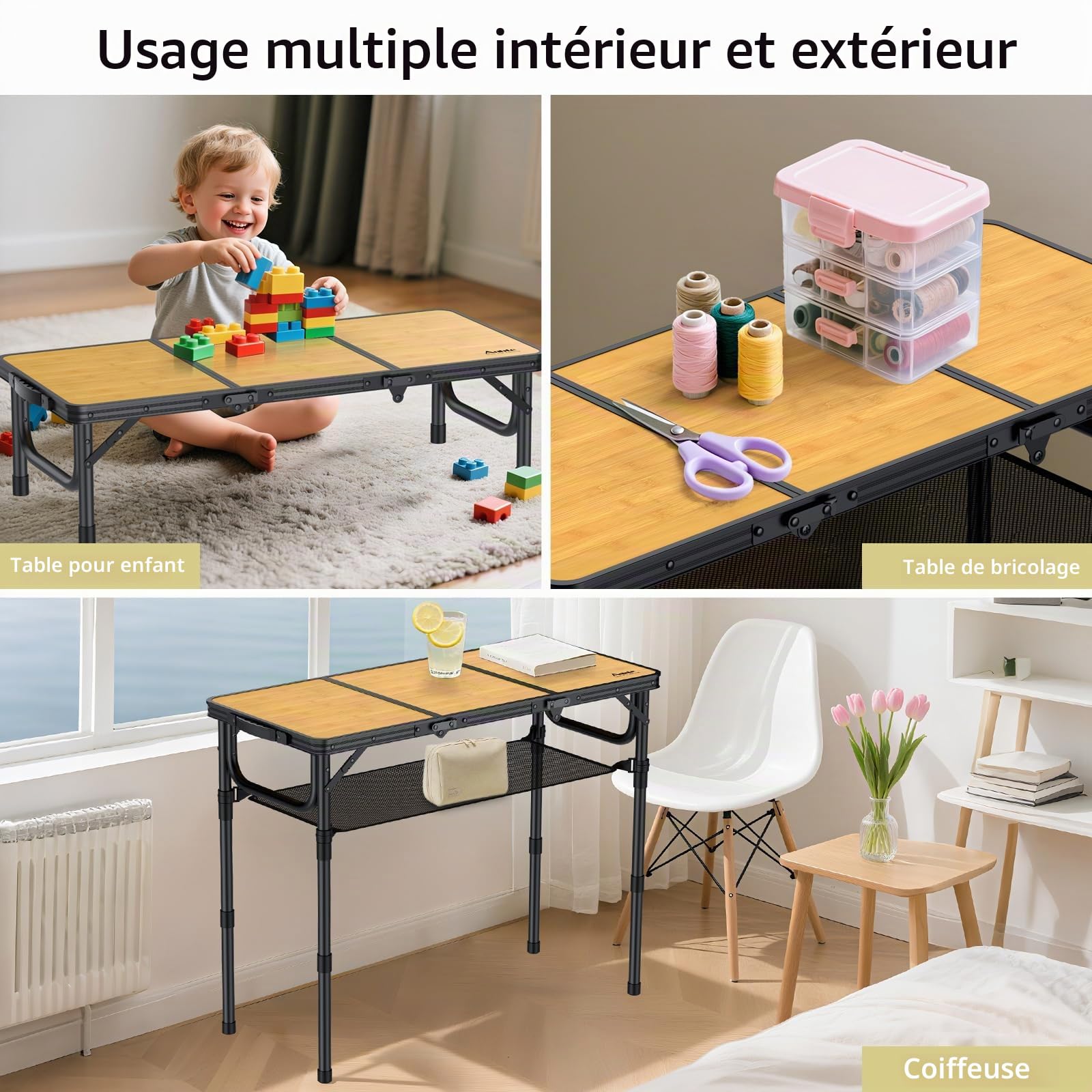 Anbte Table de Camping Pliante 60x40x26/48/70 cm en Aluminium Grain du Bois