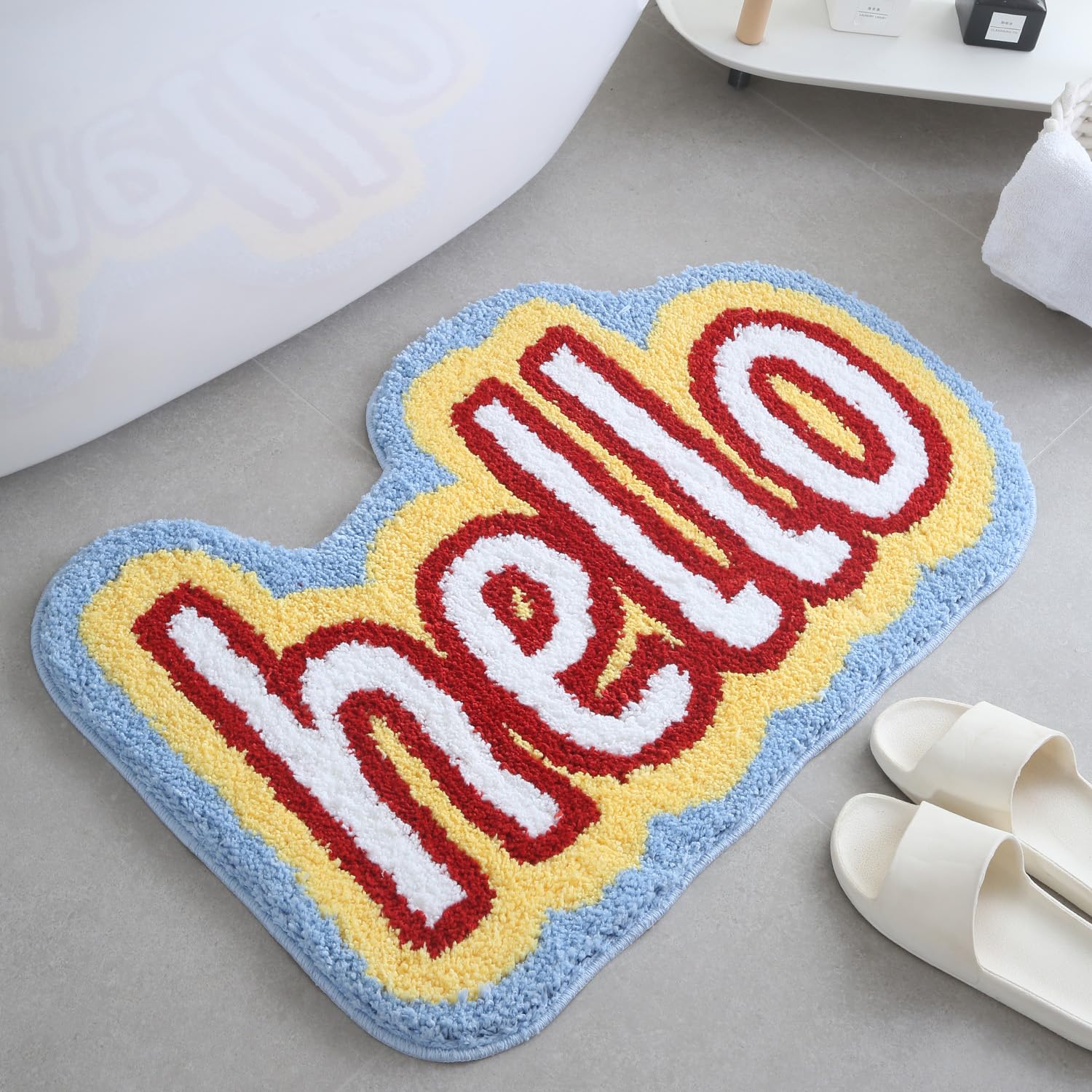 HOUSERAN Bathroom Rugs Hello, 30x20 Inch, Non Slip, Water Absorbent Microfiber, Machine Washable, Cute Bath Mat, Doormat, Bedroom Rug