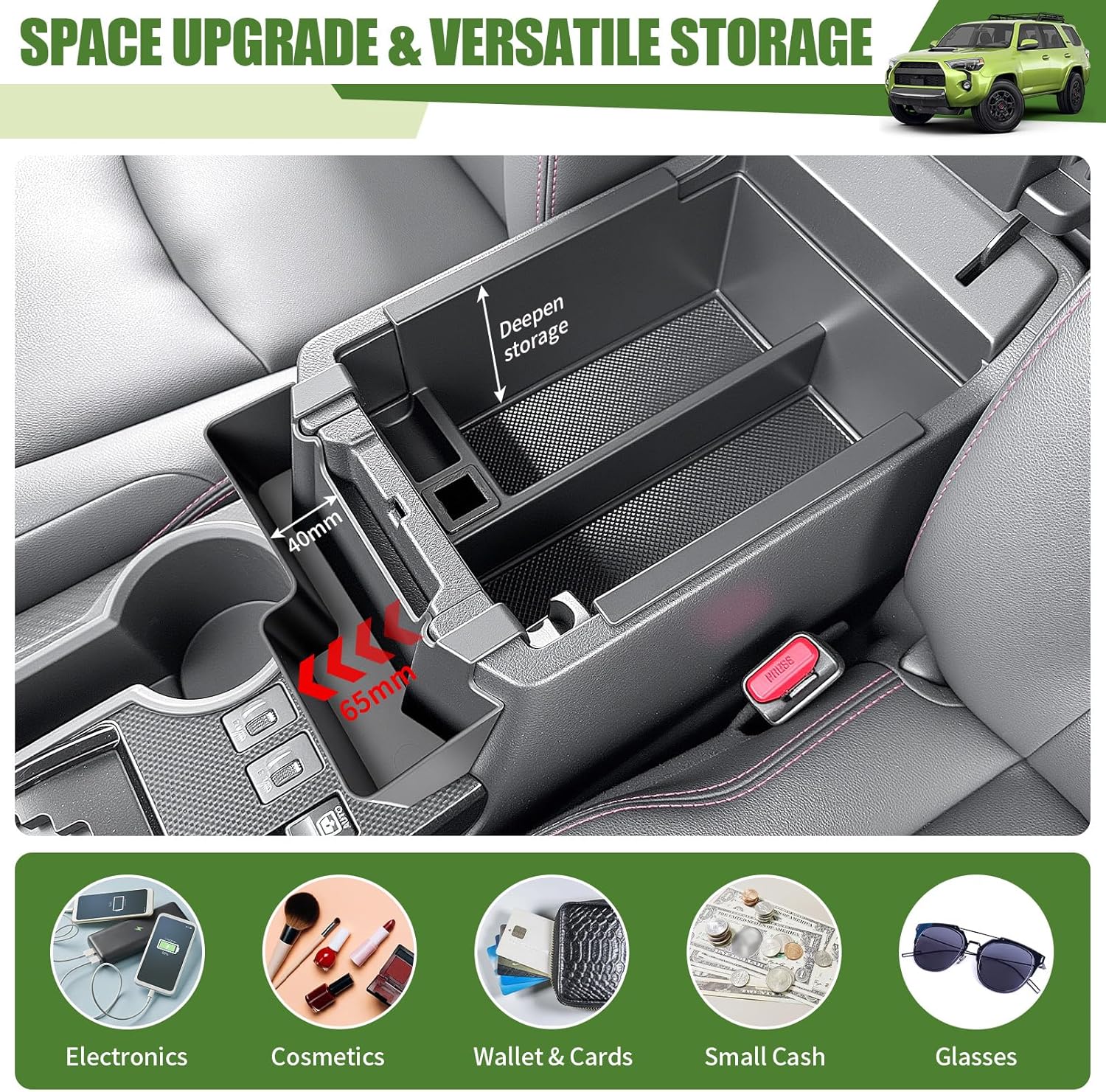Center Console Organizer for 2010-2024 Toyota 4Runner Upgraded Hanging Armrest Box Extra Storage Space Tray for 4 Runner Interior Accessories(Fit 10-24/Hanging+Armrest Organizer)