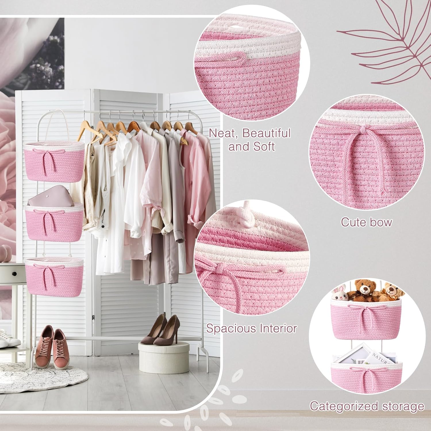 Zopeal 3 Tier Wall Mounted Woven Cotton Rope Hanging Basket Over The Door Hanging Basket with Hooks Decorative Food Snack Storage Organizer Newborn for Living Room(Pink,Bow)