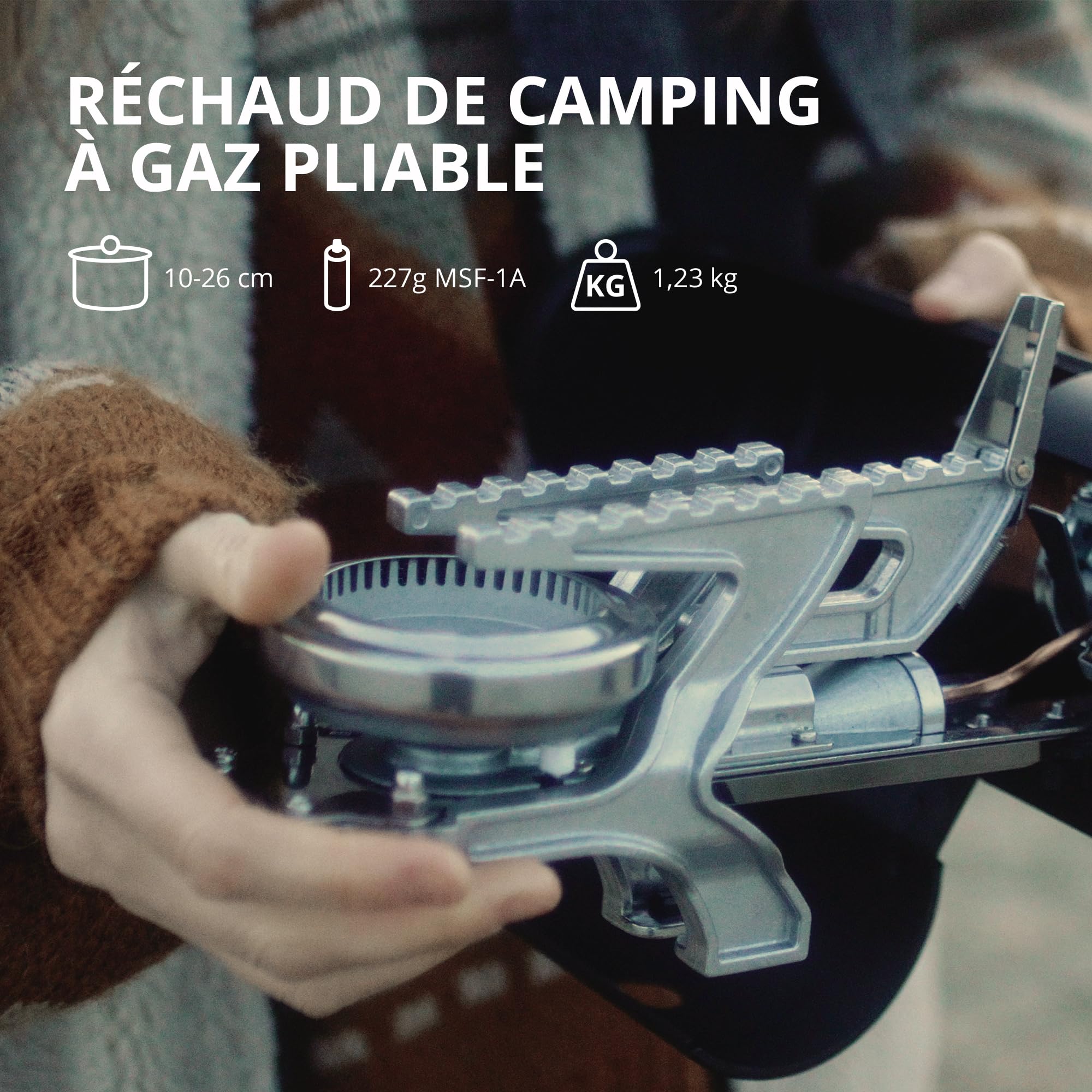 EVOCAMP Réchaud de Camping Compatible Avec Cartouches de Gaz 227g - Pliable Avec Sac de Transport, Plaque Chauffante et Allumage Piézoélectrique pour Intérieur/Extérieur