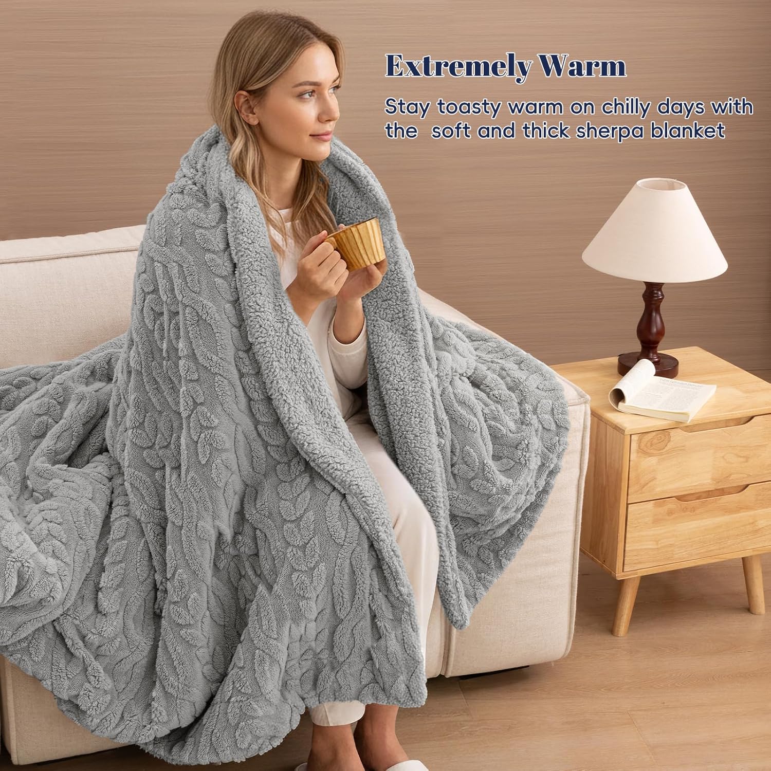 PHF Fluffy Sherpa Blanket Queen Size for Winter, Warm and Soft, 510GSM 3D Jacquard Thick Shaggy Fleece Plush Blanket for Sofa Bed, Grey, 90"x90" - Image 2