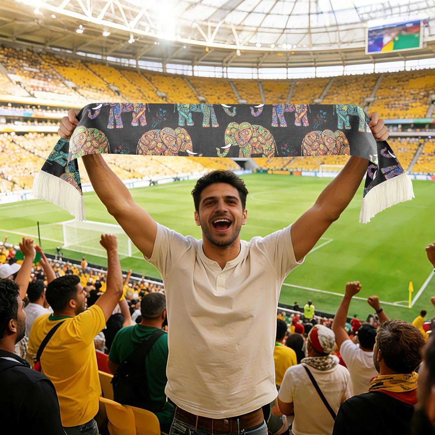 CHIFIGNO Paisley Floral Elephant Sports Fan Scarf for Soccer Game, Quick Dry Towel, Soft Polyester, Cheer Banner, Washable, Versatile Fan Accessory