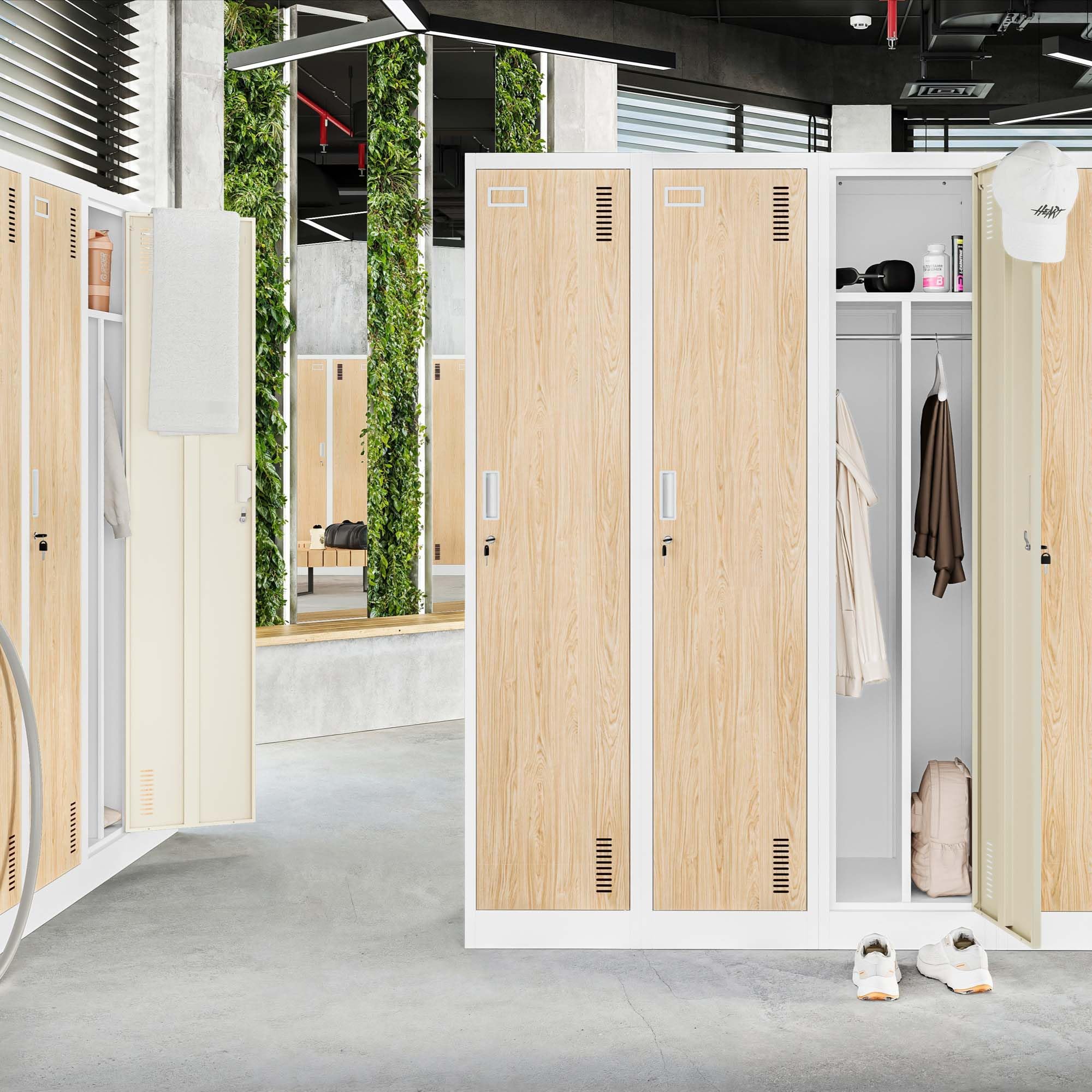 Taquilla Doble Armario Vestuario 2B1A Metalico Puertas con bisagras Ranuras de ventilación Pintura en Polvo Pared divisoria 180 cm x 80 cm x 50 cm (Aspecto de madera blanca)