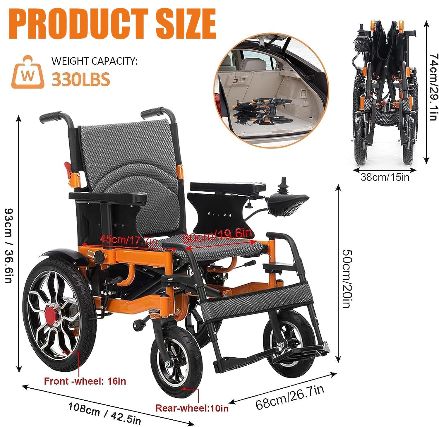 Silla de ruedas eléctrica, todo terreno motorizada para adultos, silla de ruedas ligera y plegable con motores duales de 500 W