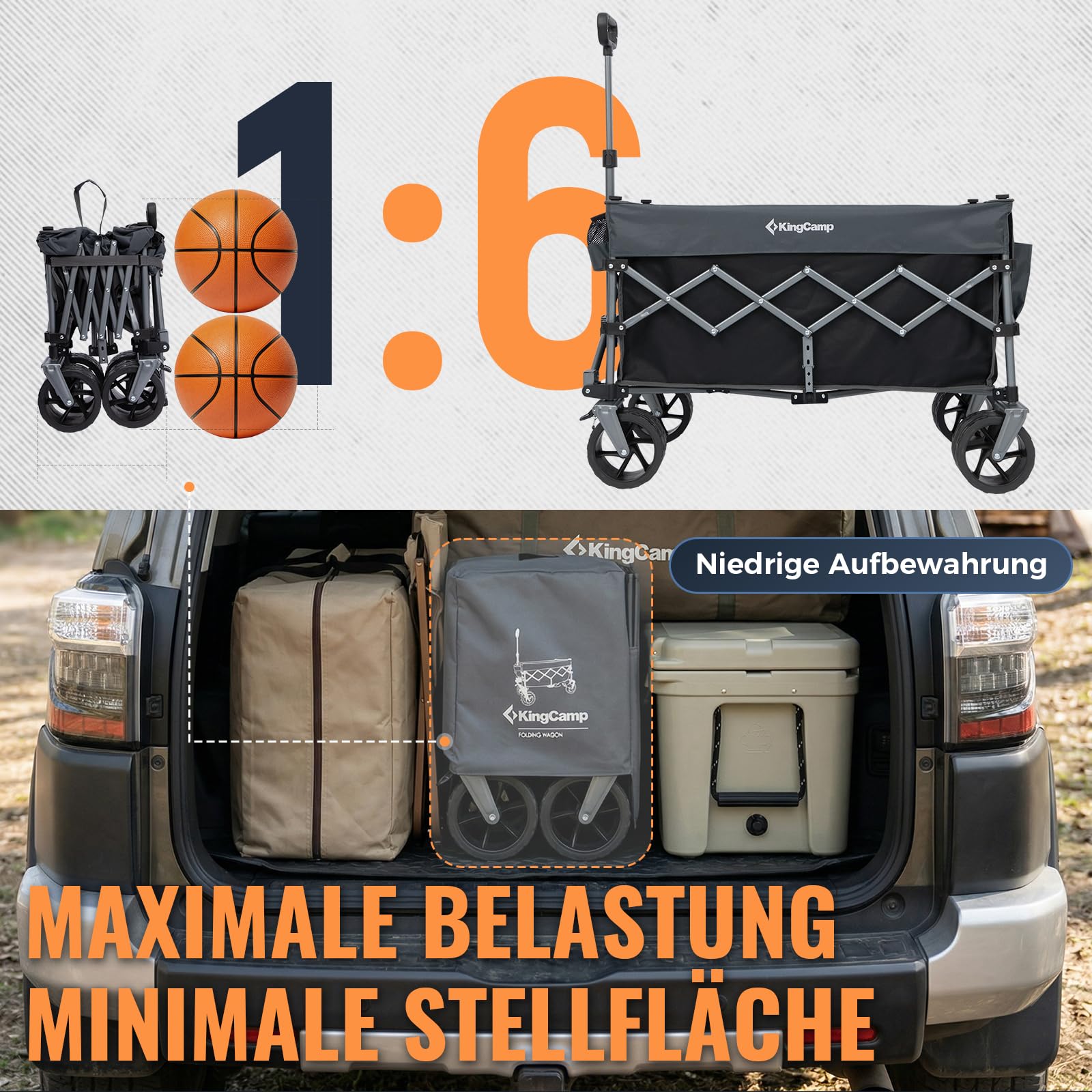 KingCamp 200L Faltbarer Bollerwagen mit 180kg Tragkraft & 7 in Breitreifen | Ultrakompaktes 4-Wege-Faltsystem, selbststehendem Griff für Strand, Camping, Shopping & Garten