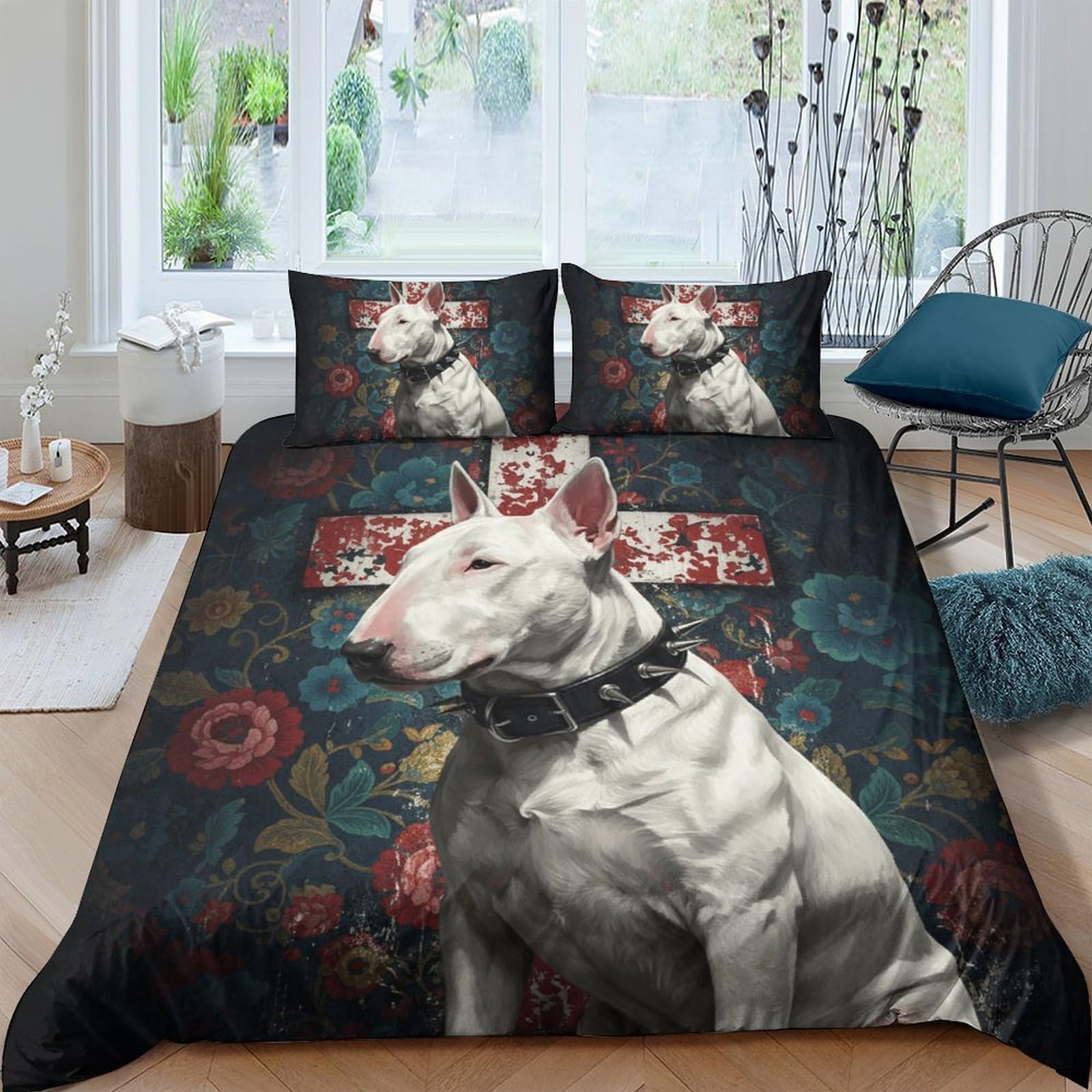 Ctjqhvkz Style-10 3D Printed Bull Terrier Art Fitted Sheet Microfiber Soft Non-Slip Flower Bed Cover For Bedroom Dorm Decor Single（135X200cm）