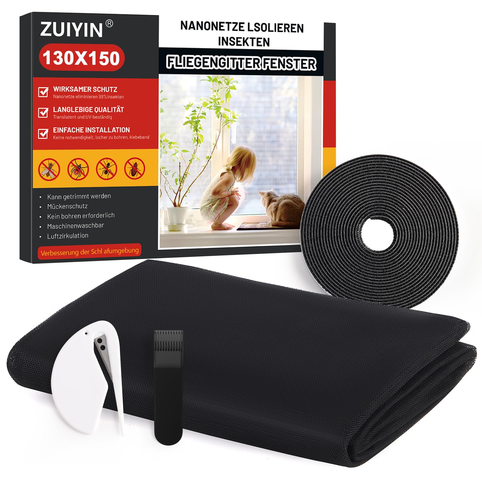 Fliegengitter Fenster Insektenschutz Zuschneidbar 130 * 150cm- Mückenschutz Ohne Bohren - Fliegennetz & Mückennetz für Fenster