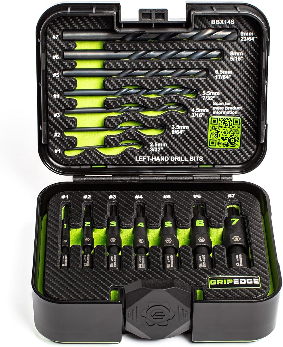 Herramientas GRIPEDGE | Juego de extractores G-FORS de 14 piezas | Tamaños #1 - #7 | Brocas para mano izquierda incluidas | Elimina pernos rotos y pernos/tornillos pelados | Incluye estuche de plástico premium con inserto de espuma |