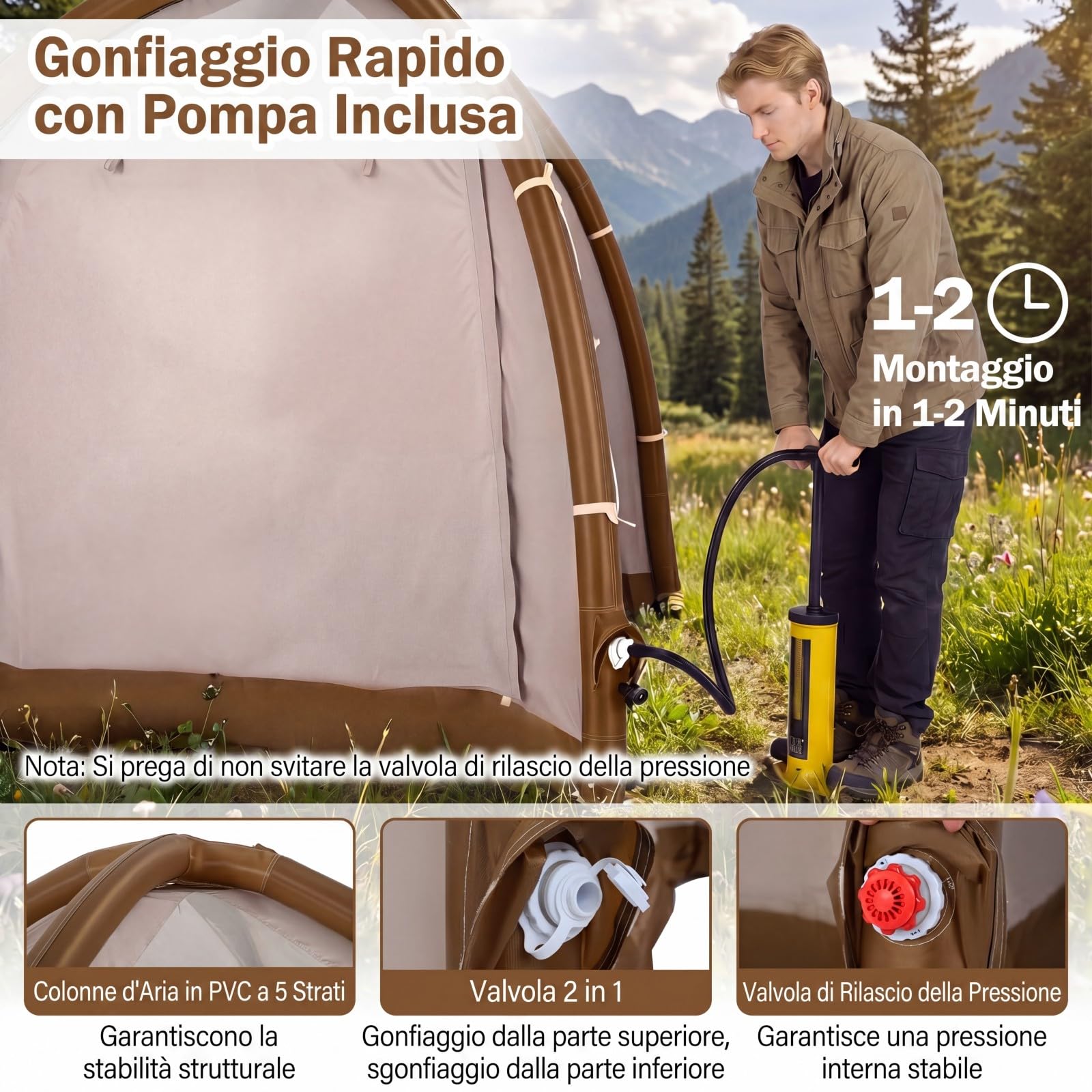 COSTWAY Tenda da Campeggio Gonfiabile per 4 Persone, Tenda da Spiaggia con Poma, 2 Porte, Lucernario e Finestre, in Tessuto Impermeabile, con Copertura Rimovibile e Borsa, 208 x 208 x 196 cm