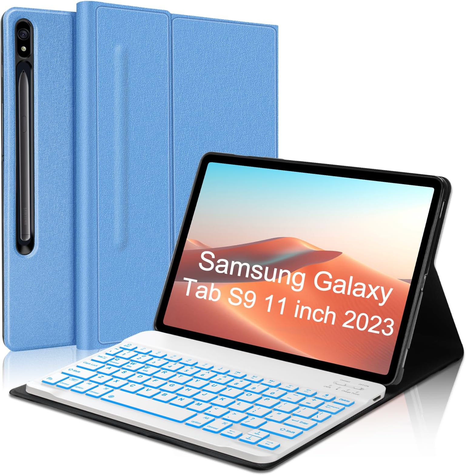 Galaxy Tab S10 FE / S9 FE / S9 / S8 / S7 10.9" Case with Keyboard 2023/2022/2020, 7 Color Backlit,Detachable Magnetic Bluetooth Keyboard, Smart Thin Folio Cover case Samsung Galaxy Tab S9 11", Blue