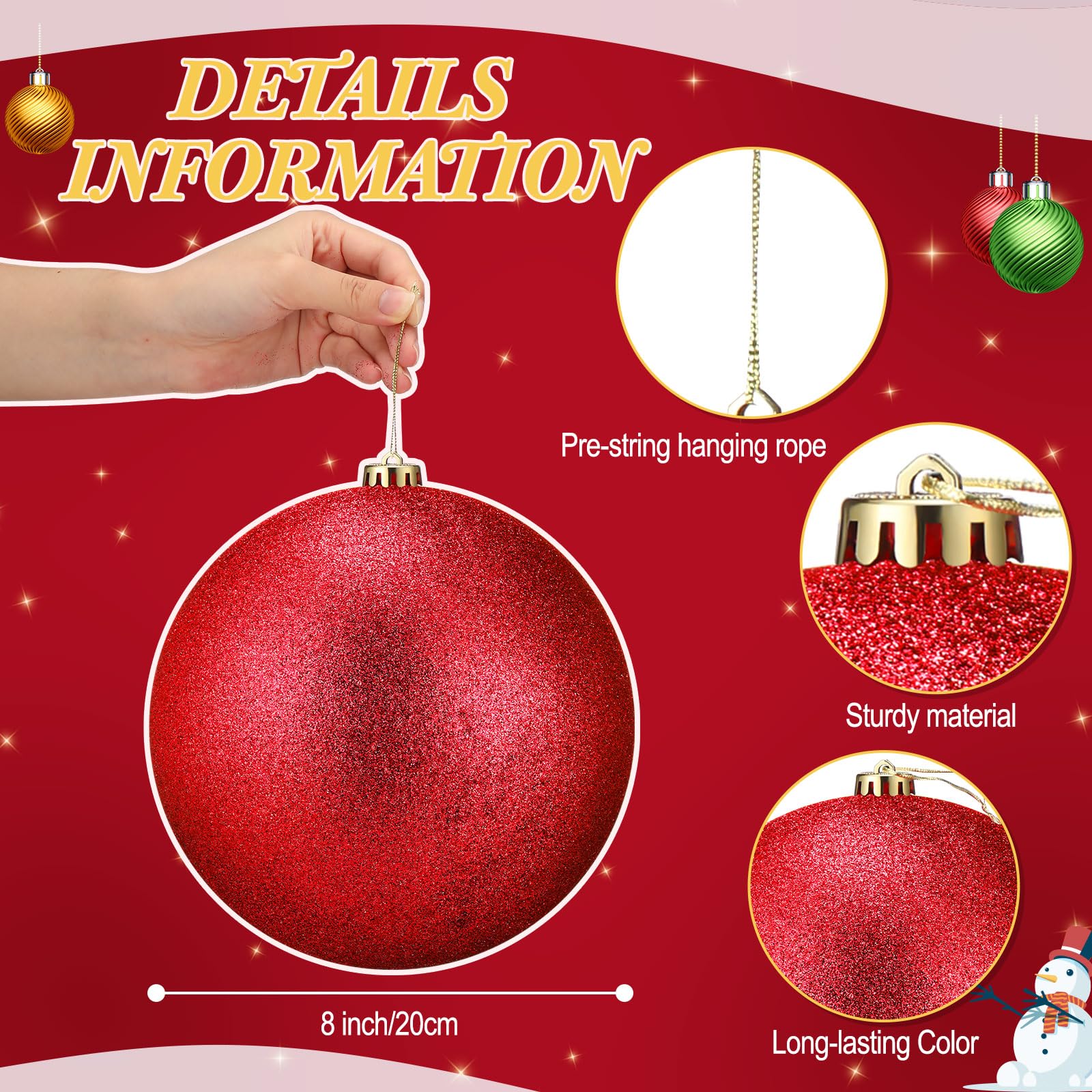Zubebe 4 Pcs Extra Large Christmas Ball Ornaments 8'' (200 Mm) Giant Oversized Plastic Xmas Ball Big Hanging Christmas Tree Ornaments for Holiday Party Outdoor Decor(Sequin Red)