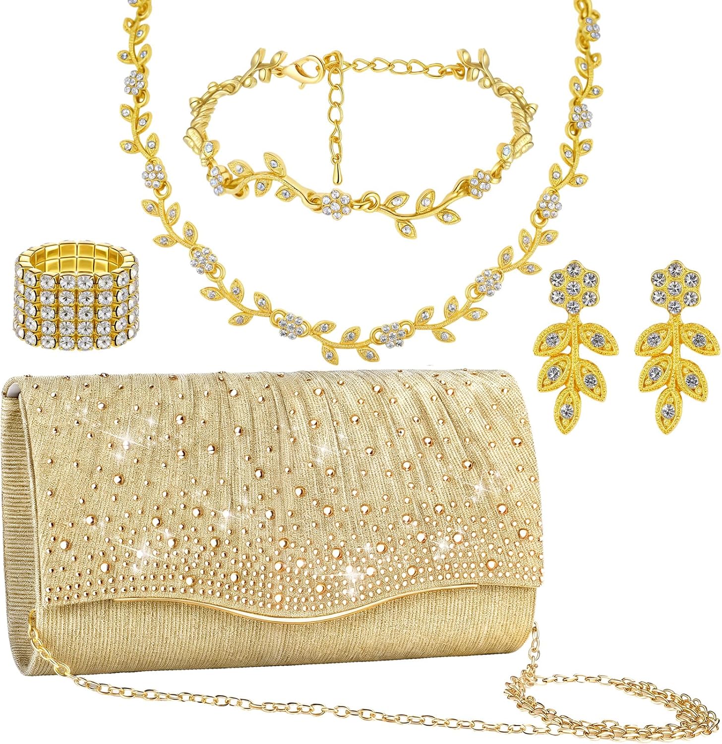 Blosssound 5 Pcs Gold Rhinestone Jewelry Set Bling Necklace Earrings Bracelets Accessories Clutch Purses Handbag Women for Evening Prom Wedding Formal Bride Birthday Christmas Party