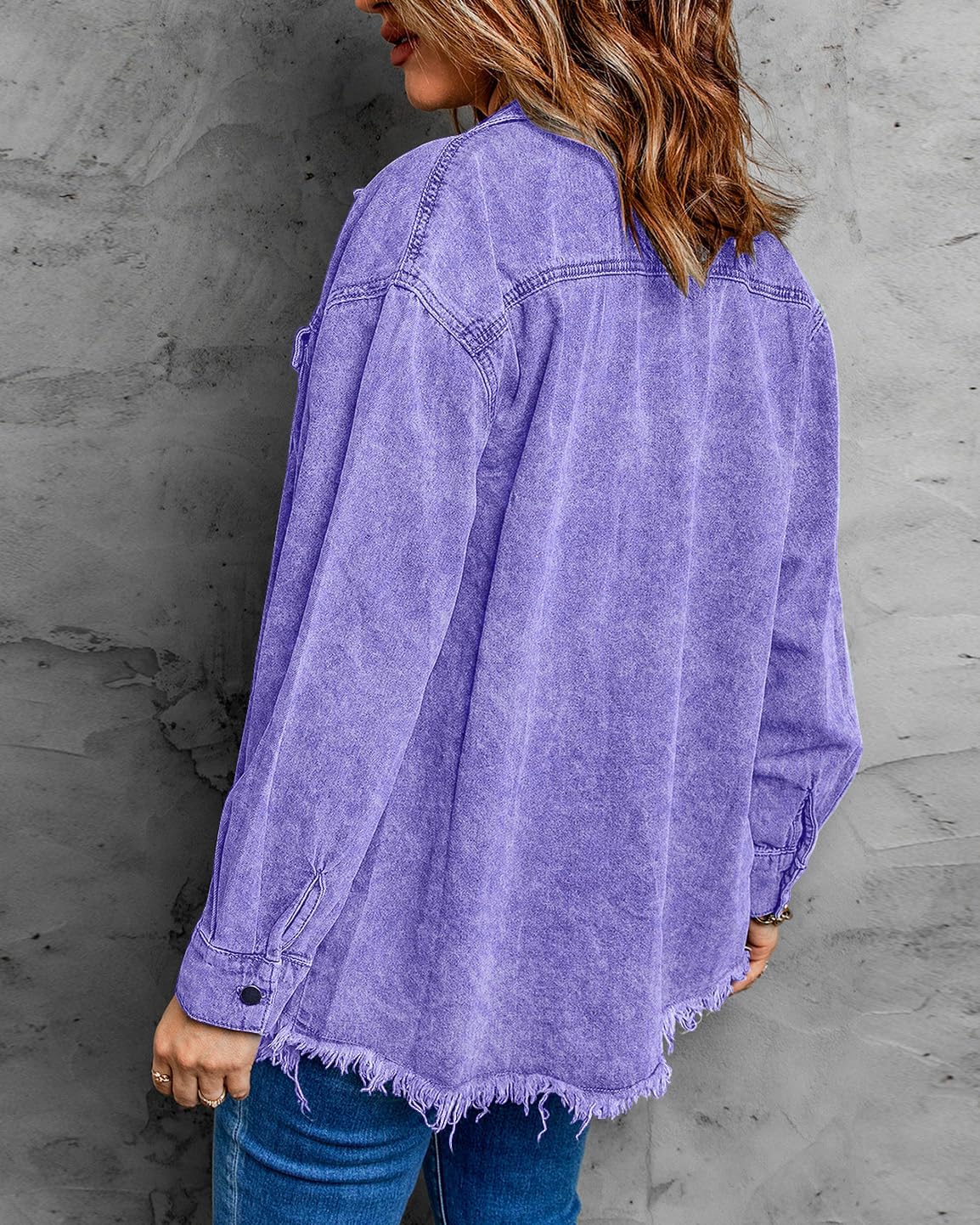 Vetinee Women’s Oversized Button Up Frayed Hem Shacket Long Sleeve Pockets Denim Jean Jacket - Image 2