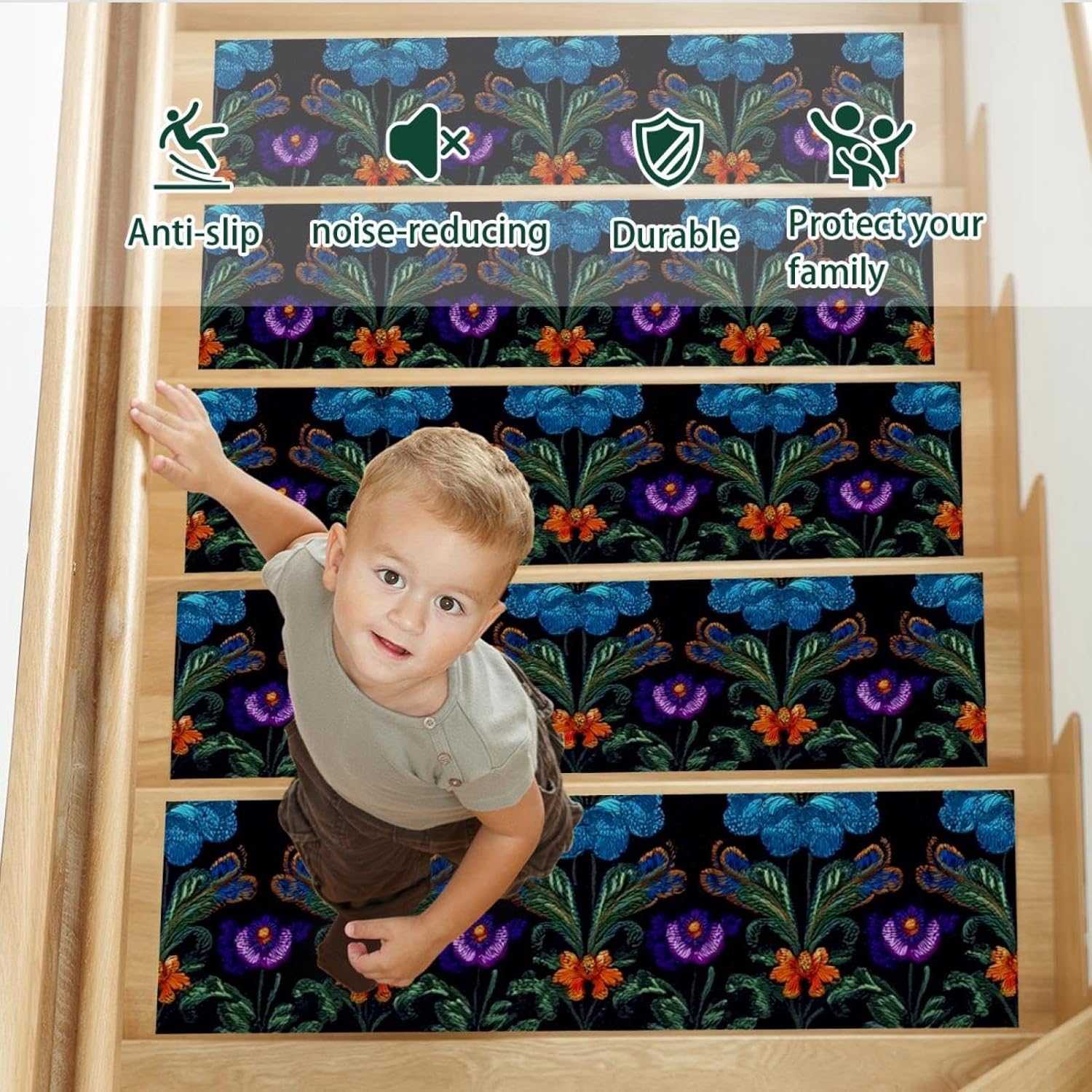 15 Pack Stair Treads for Wooden Steps, Motifs African Boho Paisley Floral (44) Staircase Step Treads Carpet Mat, Stair Mats for Pets Dogs Elders 8x30In