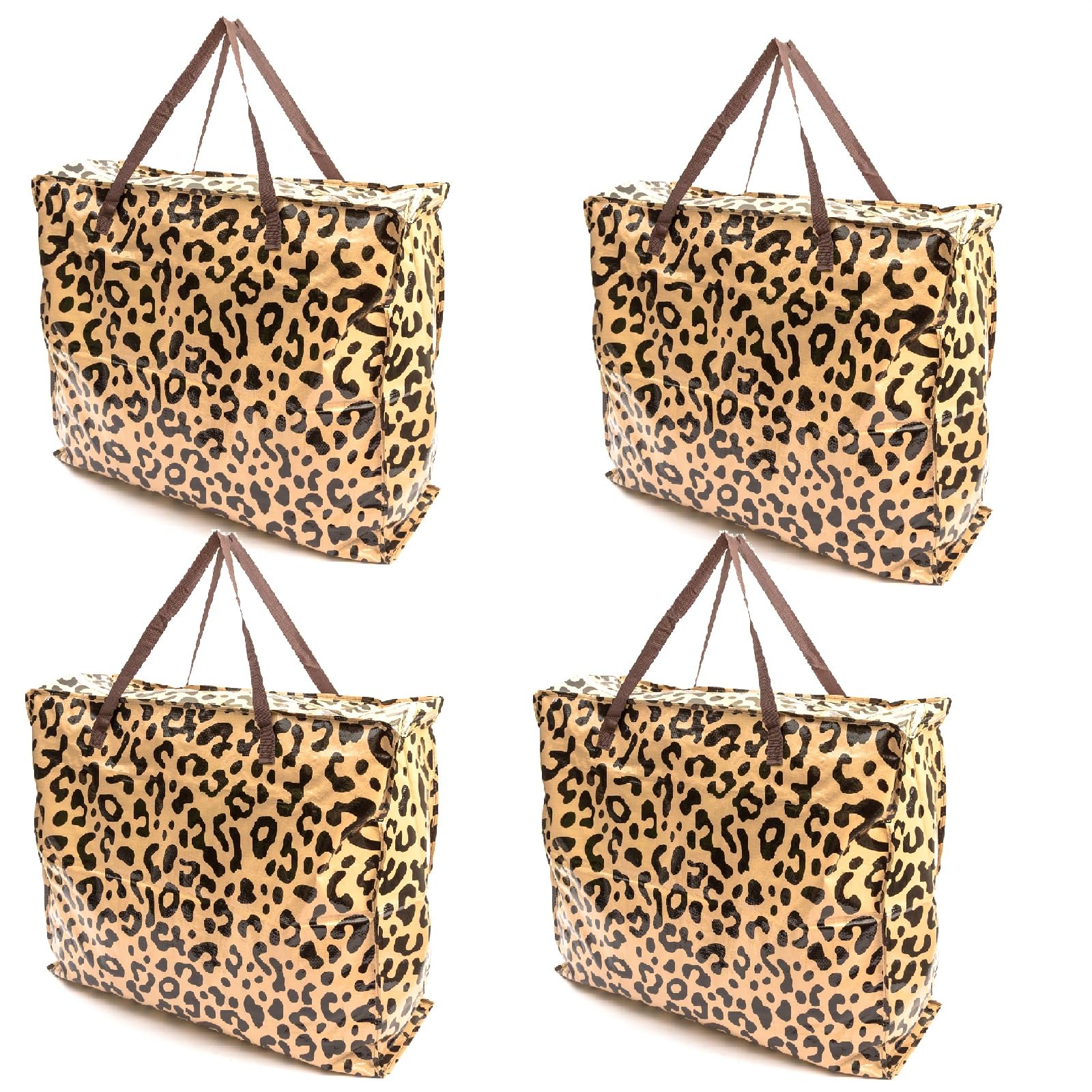 4 PACK Storage Bags Leopard Print Animal Design 75x60x25cm Heavy Duty Laundry Bags X-Large With Zip Waterproof Durable Reusable Foldable Strong Clothing Wardrobe Moving House Shopping Toy Decorations
