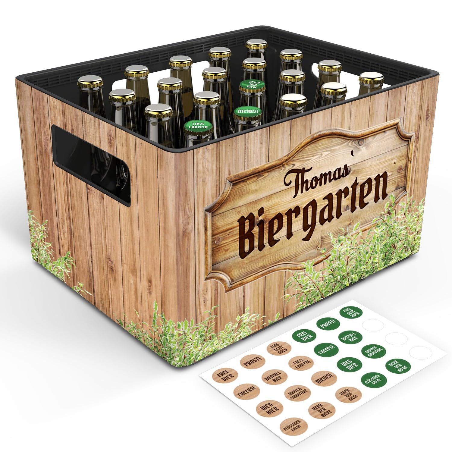 GRAVURZEILE Bierkasten-Banderole - Biergarten - Personalisiert mit Name - Geschenkidee für Männer zum Vatertag & Geburtstag - Inkl. 24 Flaschendeckel-Aufkleber - Passend für 20er Bierkasten