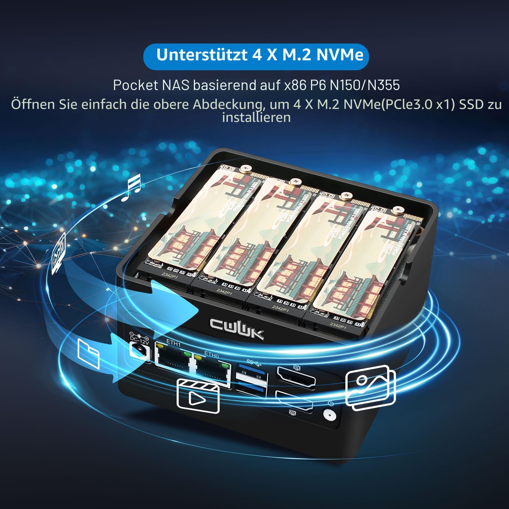 CWWK X86-P6 N150 Mini PC Pocket-NAS, 4 Bay M.2 NVMe Mini Computer mit 2 x i226-V 2.5GbE LAN, Micro PC Barebone DDR5 NO RAM/SSD/OS, Support WiFi7/BT5.4 Expandable, 2-Display, USB3.2