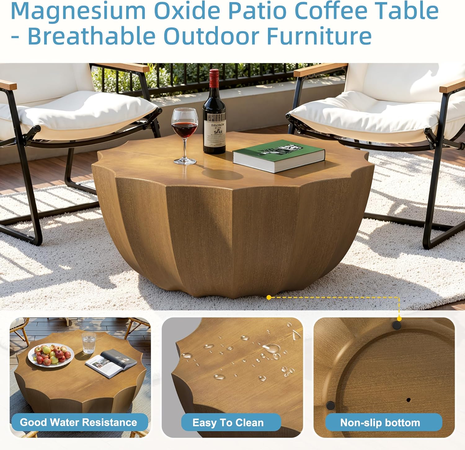 35" Round Coffee Table Modern Stylish Design Waterproof & Moisture-Proof No Assembly Required Coffee Table for Indoor & Outdoor - US Warehouse (Deep Wood Grain)