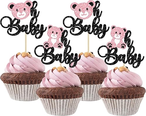 Gyufise 24 piezas de decoración para cupcakes Bear Oh Baby con purpurina rosa de oso Oh Baby para cupcakes Bear Oh Baby Decoración de cupcakes de