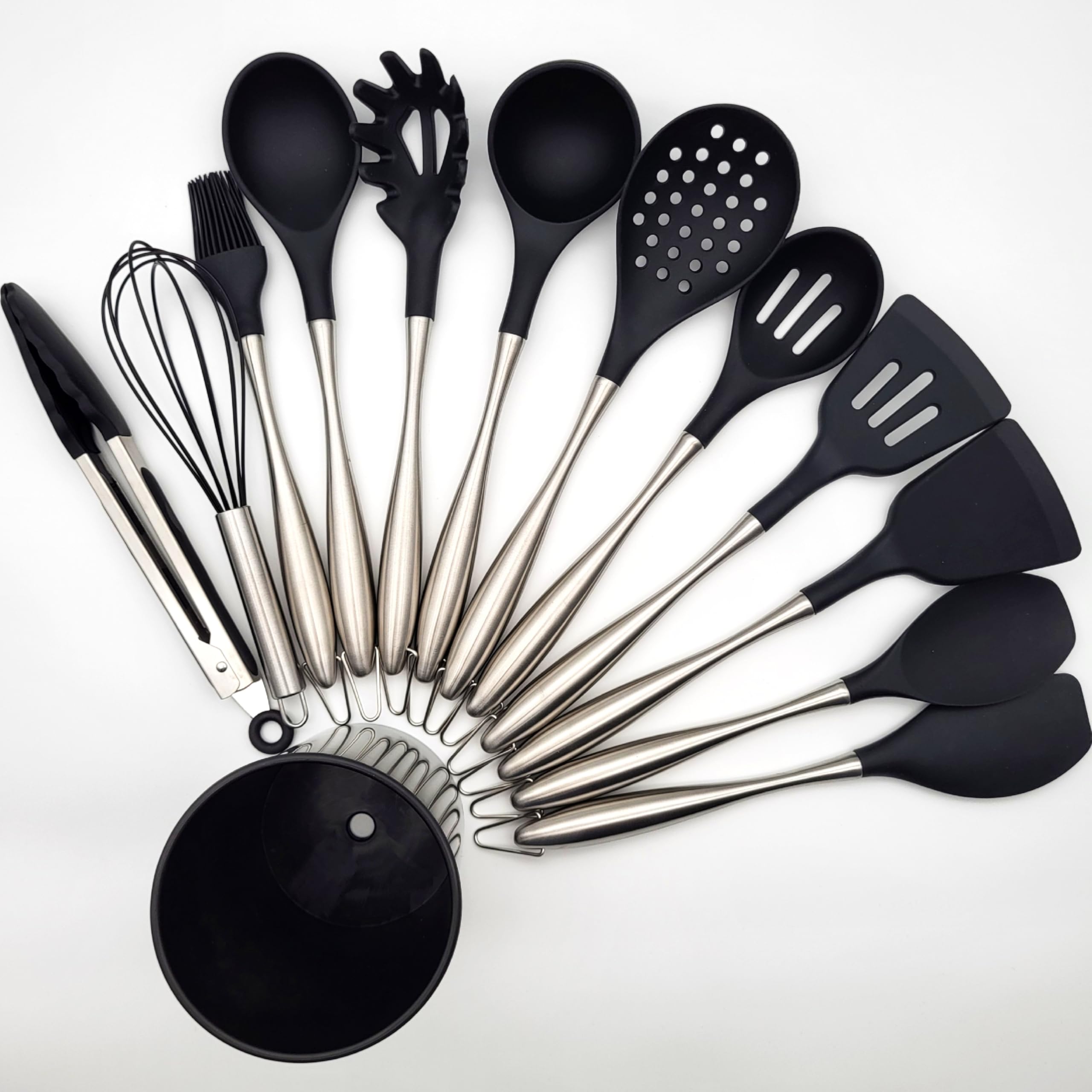 BWG Premium Küchenhelfer Set Edelstahl - Silikon12-teilig, Kochbesteck, Kochutensilien, Set aus hochwertigem Silikon in Schwarz, Griffe in elegantem Design, hitzebeständig.