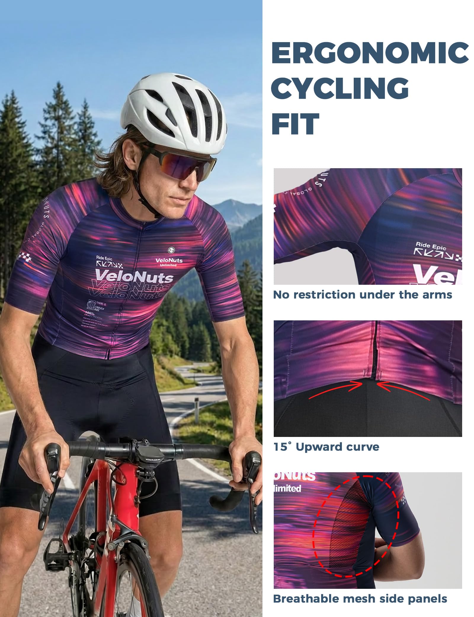 Fahrradtrikot Herren Kurzarm, Schnelltrocknend Atmungsaktiv Radtrikot, Leicht Kurze Passform Rennradtrikot mit 3 Rückentaschen, Reißverschluss für Rennrad und Outdoor, Lila