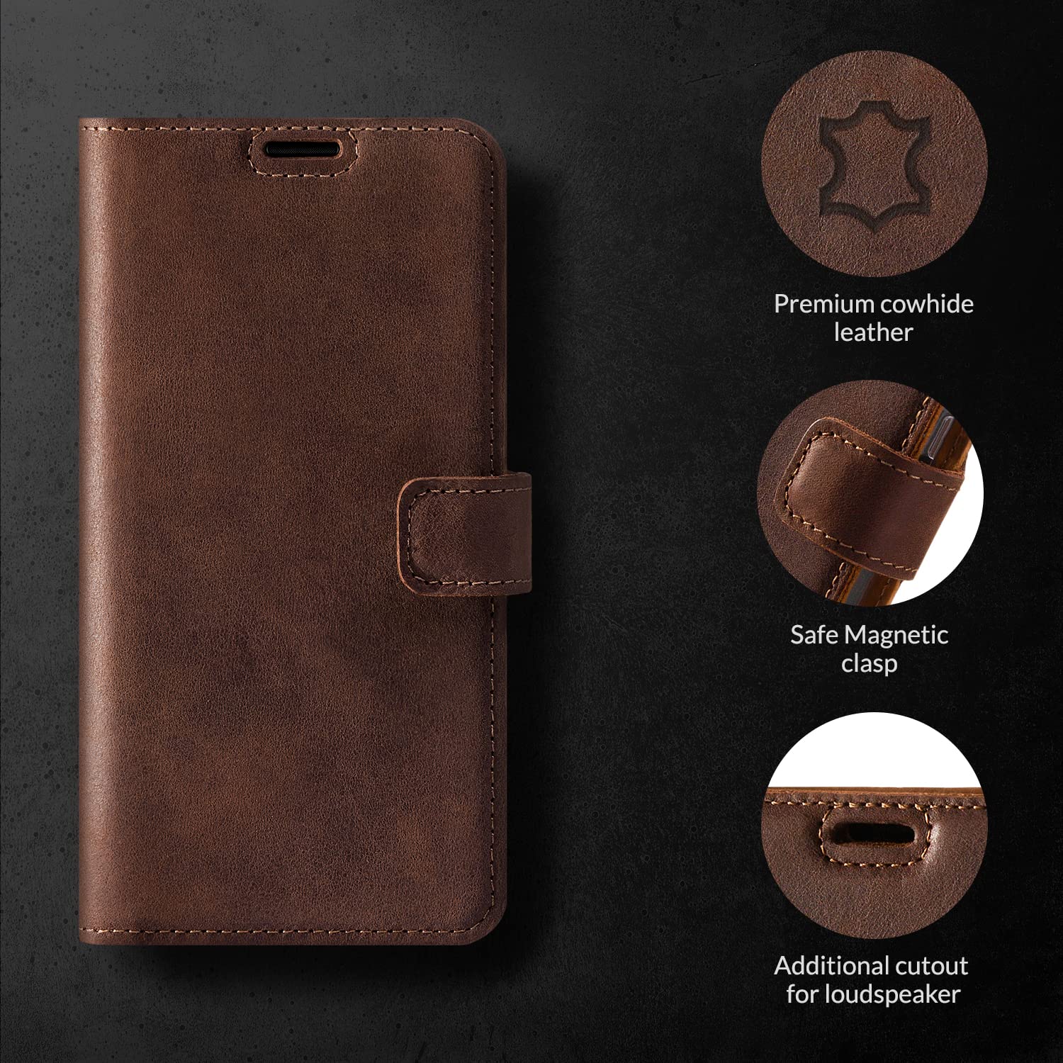 SURAZO Etui na telefon komórkowy do Apple iPhone 15 Pro Max, skórzane – składane etui ochronne z prawdziwej skóry [magnes, przegródka na karty, ochrona RFID, funkcja stojaka] etui z klapką z klapką