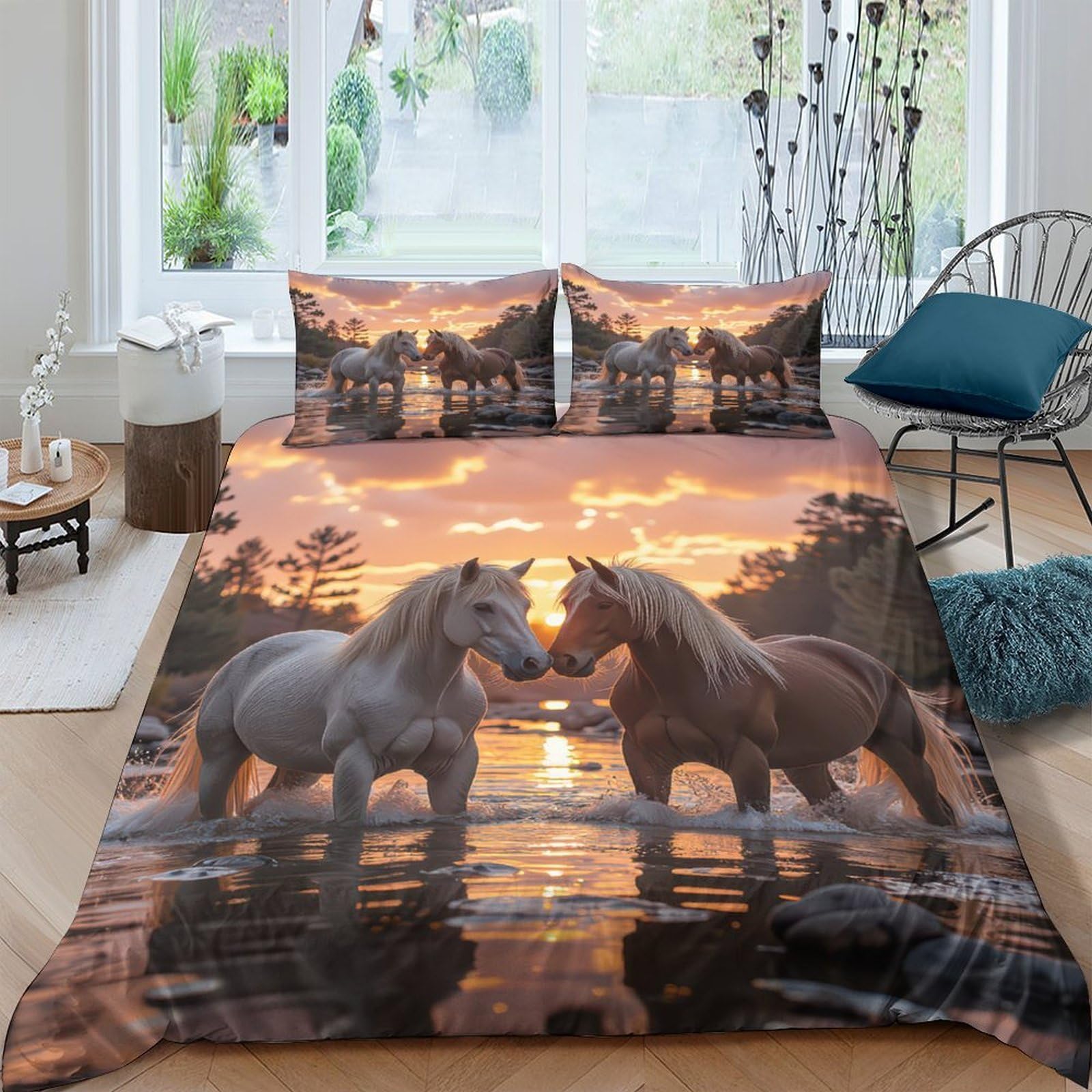 Ctjqhvkz Style-7 3D Printed Sunset Horse Fitted Sheet Microfiber Soft Breathable Romantic Couple Bed Cover For Bedroom Decor Single（135X200cm）