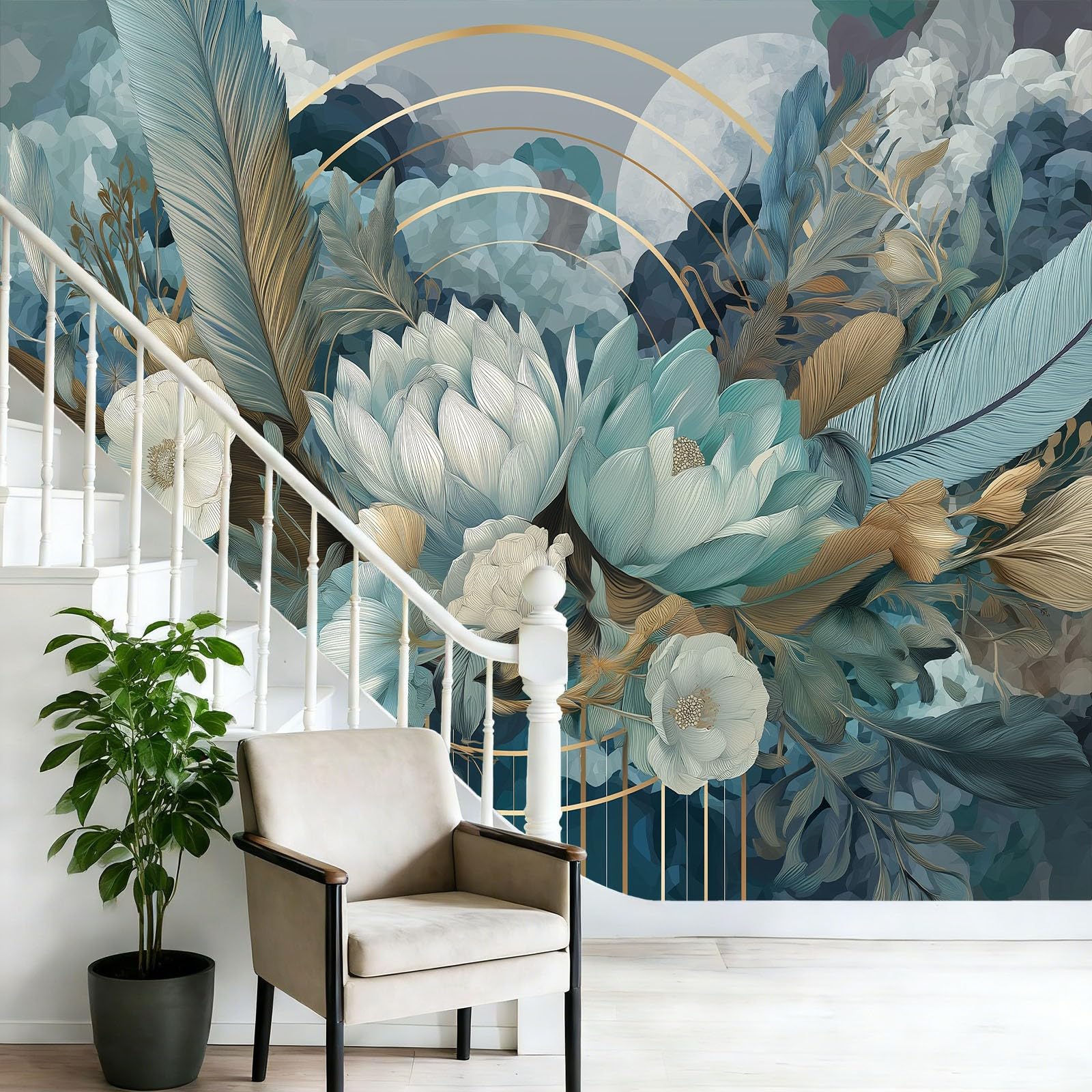 Tapeta z motywem 250 x 175 cm, pióra i kwiaty, wesoła tapeta z motywem do pokoju dziecięcego i kącika do majsterkowania, niebiesko-zielona