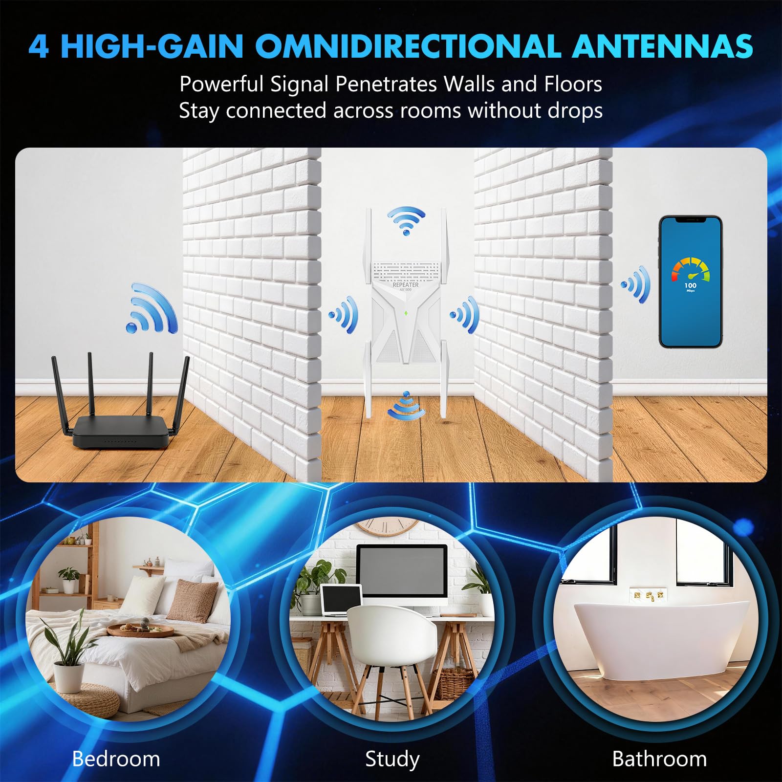 AX1800 WiFi 6 Repeater, WLAN Verstärker bis zu 9800 sq.ft Abdeckung, Dual Band 1800 Mbit/s, WLAN Repeater mit Gigabit LAN Port, Signalverstärker für Zuhause, Kompatibel mit Allen Routern